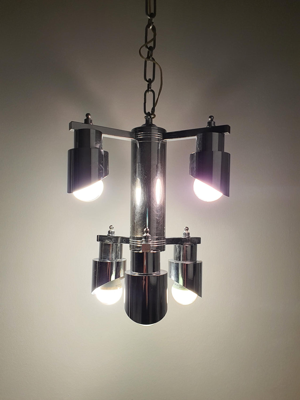Space Age 6-Arm Small Chandelier | Chrome | Attr. Gaetano Sciolari | Mid-Century Modern Lighting