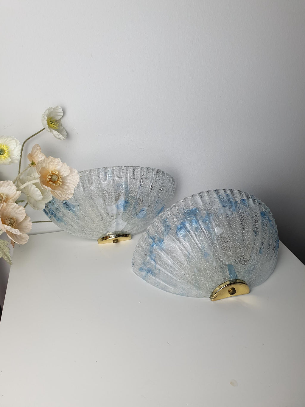 Pair of Vintage Murano Glass Shell Wall Sconces | Frosted Italian Lighting with Blue Accents