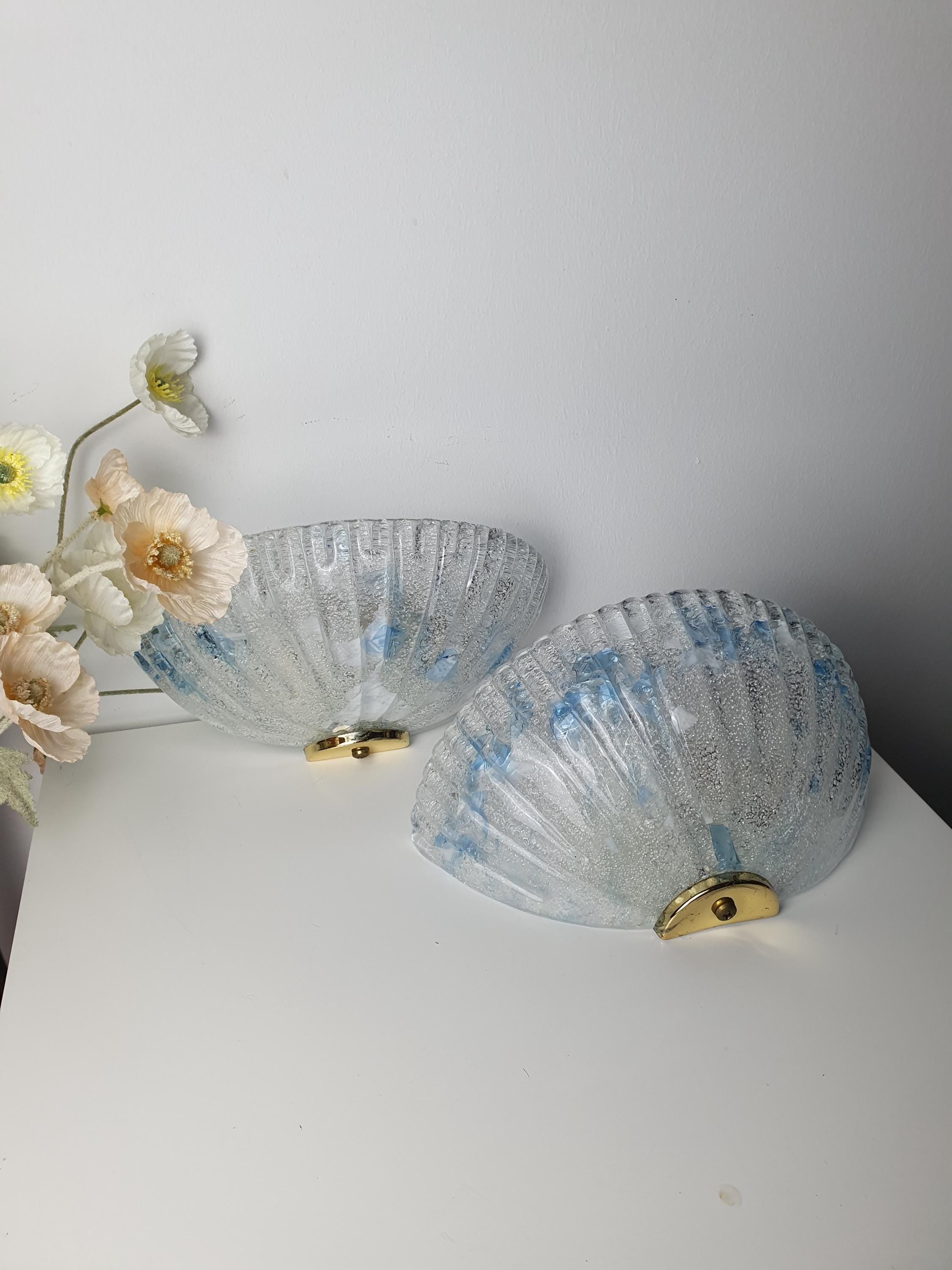 Pair of Vintage Murano Glass Shell Wall Sconces | Frosted Italian Lighting with Blue Accents
