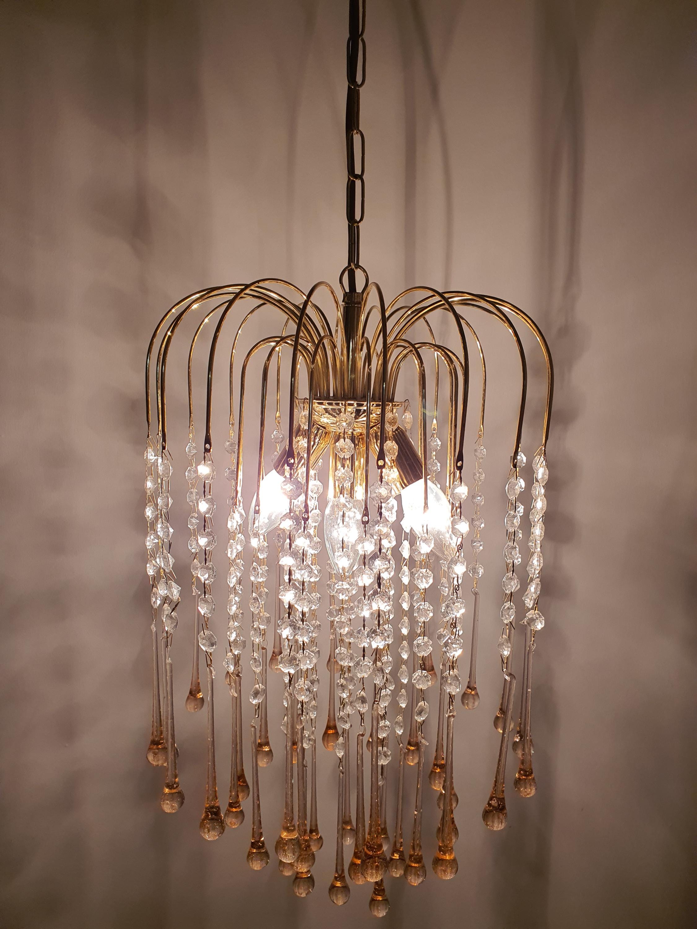 Vintage Murano Glass Chandelier | Pink Teardrop Hollywood Regency Cascade Light