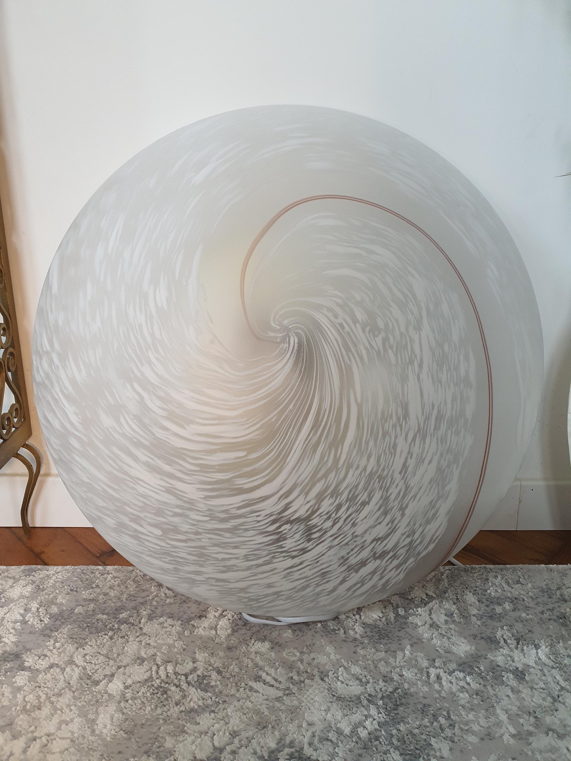 XL Vintage Murano Glass Flush Mount Light: White Brown Swirl, Mid-Century Modern