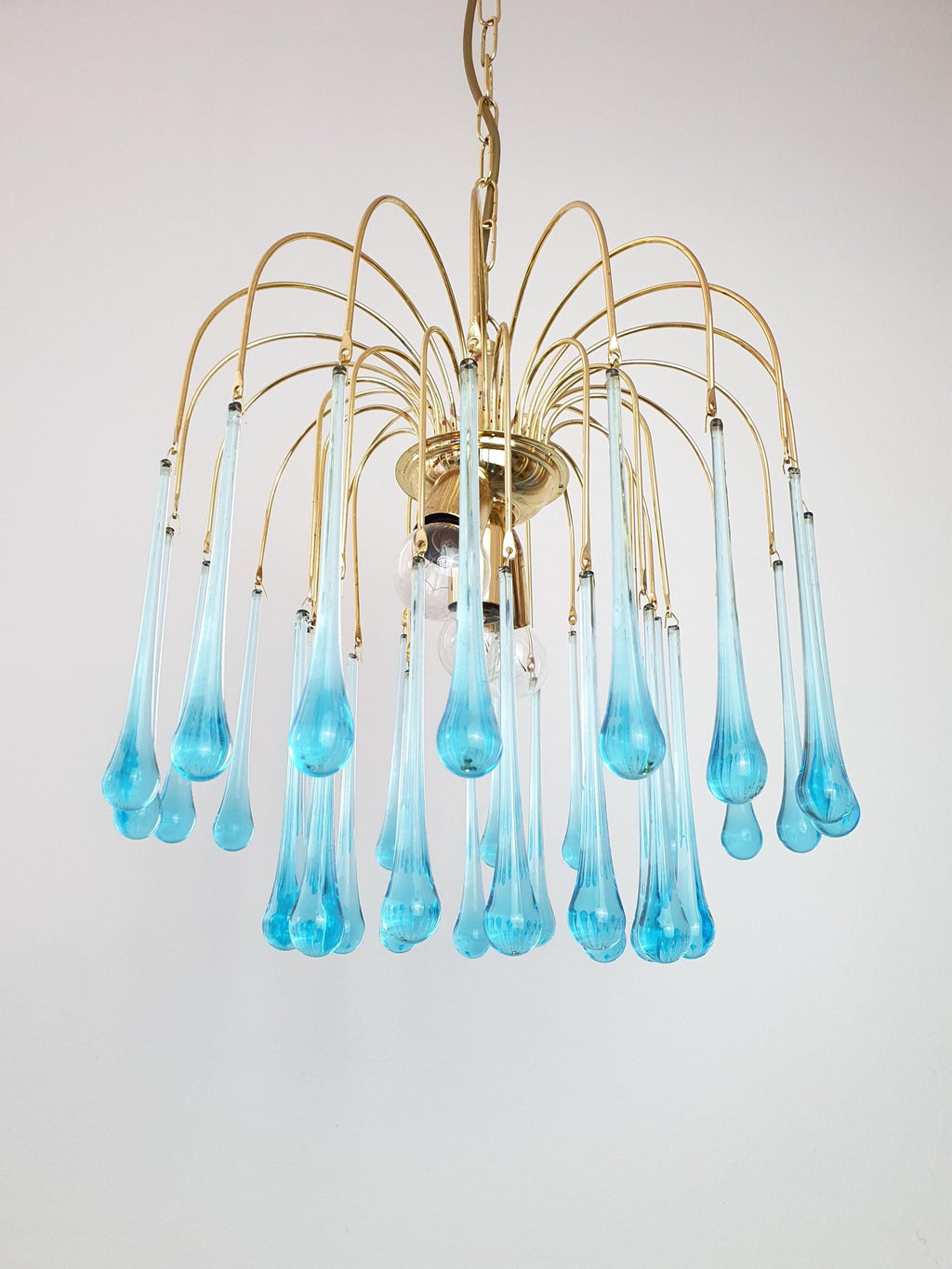 Murano Style Chandelier: Sky Blue Teardrops, Gold Cascade Light