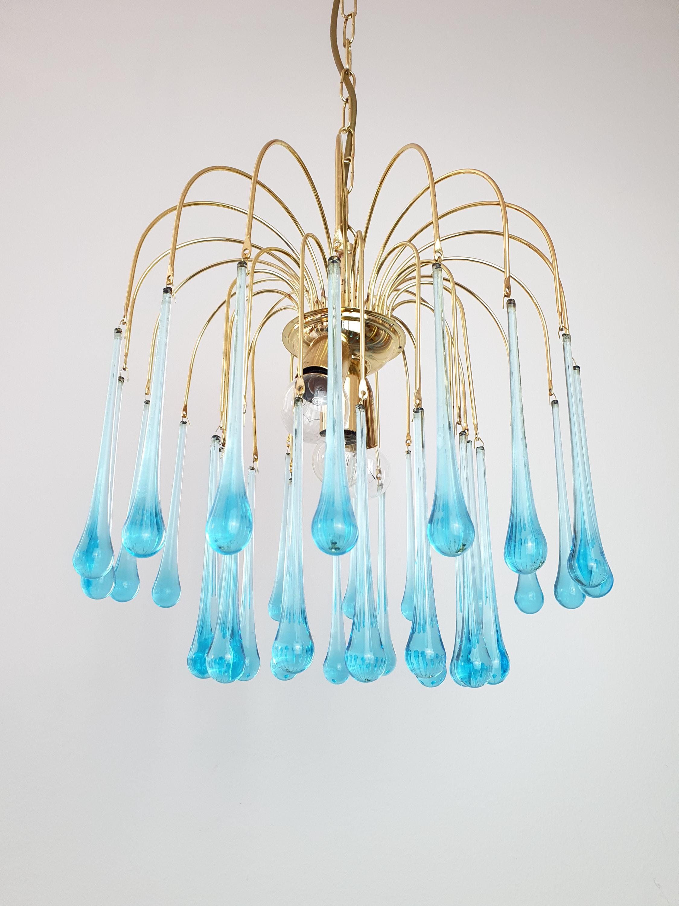 Murano Style Chandelier: Sky Blue Teardrops, Gold Cascade Light