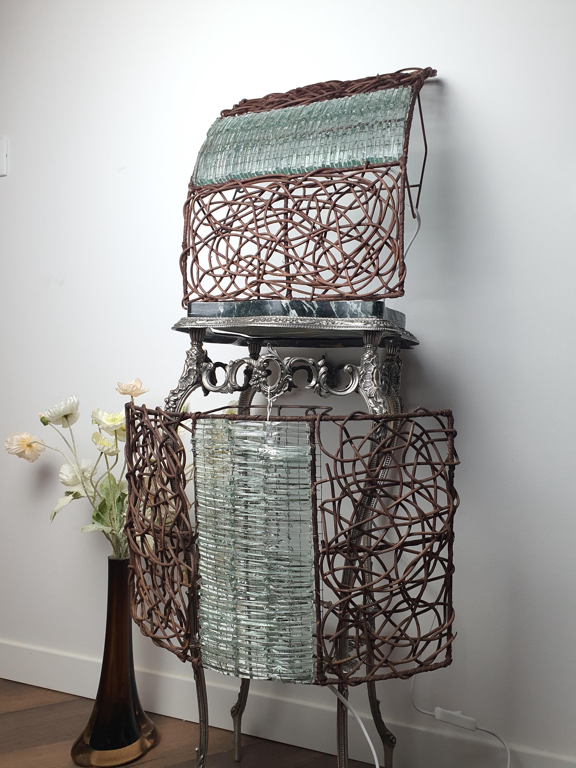 Pair of Large Mosaic Bottle Glass & Rattan Wall Sconces | Handcrafted Vintage Lighting