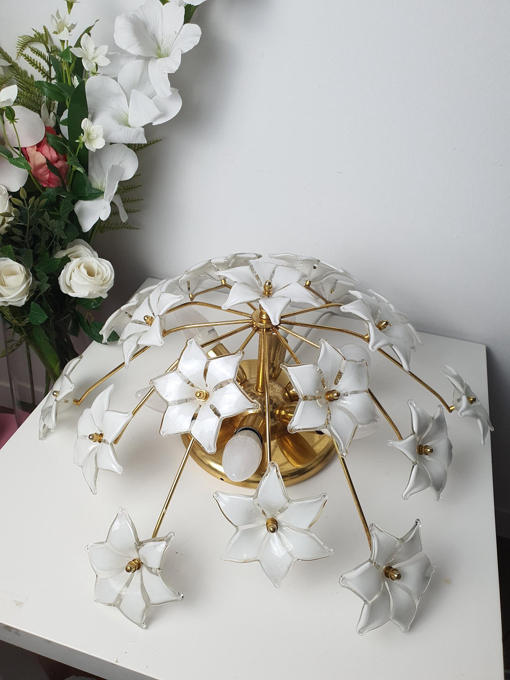 穆拉诺玻璃白色花卉吸顶灯 | 意大利复古Sputnik天花灯