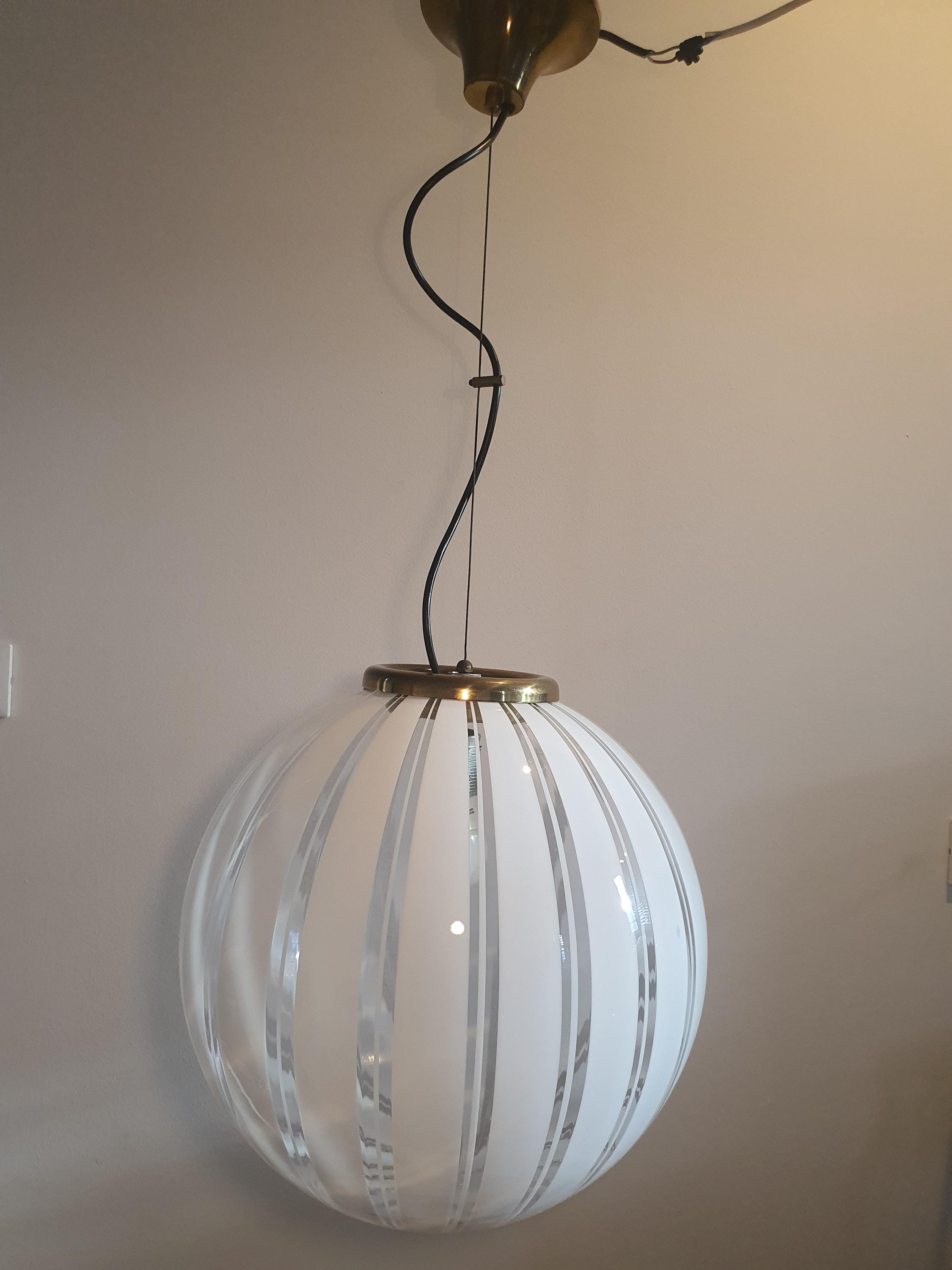 Murano Glass Globe Pendant Light: Italian Filigree MCM Chandelier