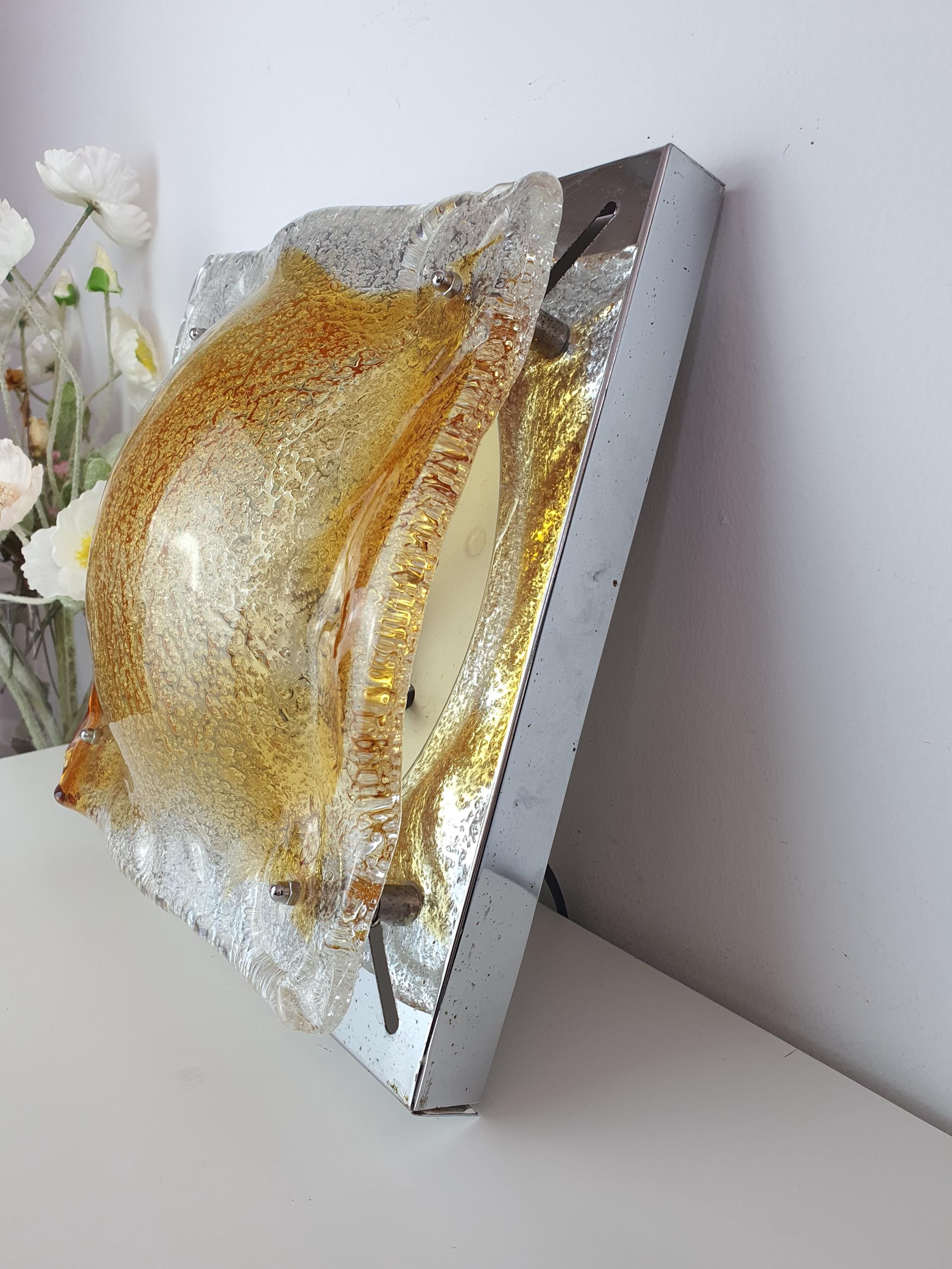 Mazzega Style Murano Glass Amber Spot Square Wall or Ceiling Light