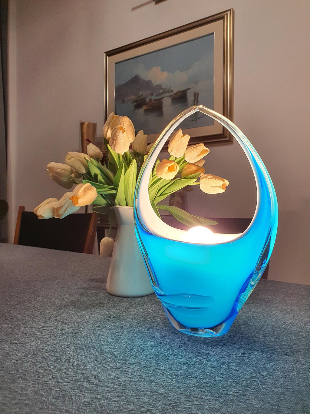 Blue Murano Glass Table Lamp: Italian Vintage Art Deco Bedside Light