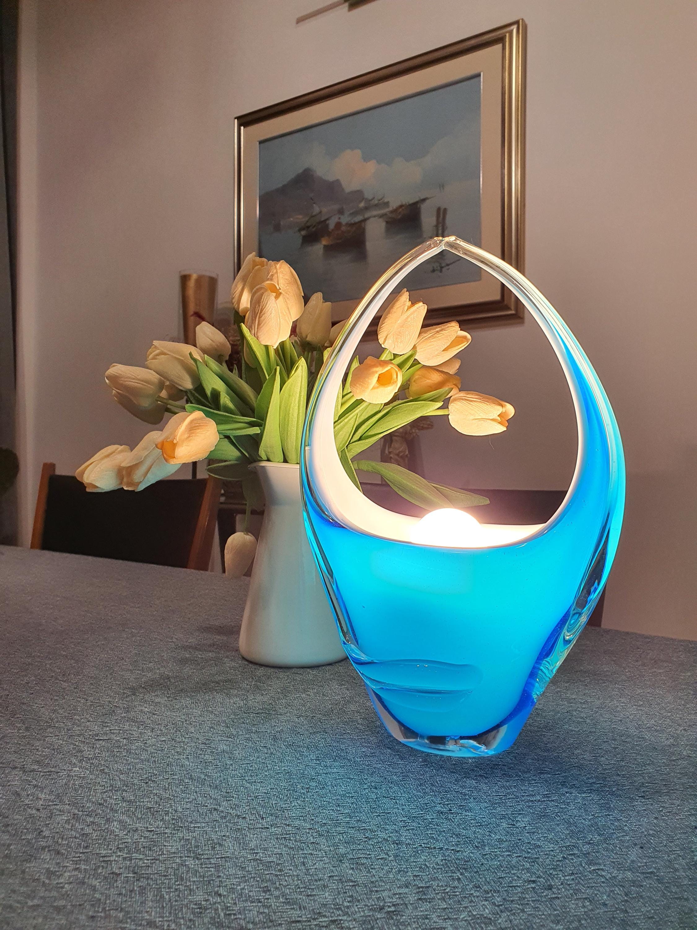 Blue Murano Glass Table Lamp: Italian Vintage Art Deco Bedside Light