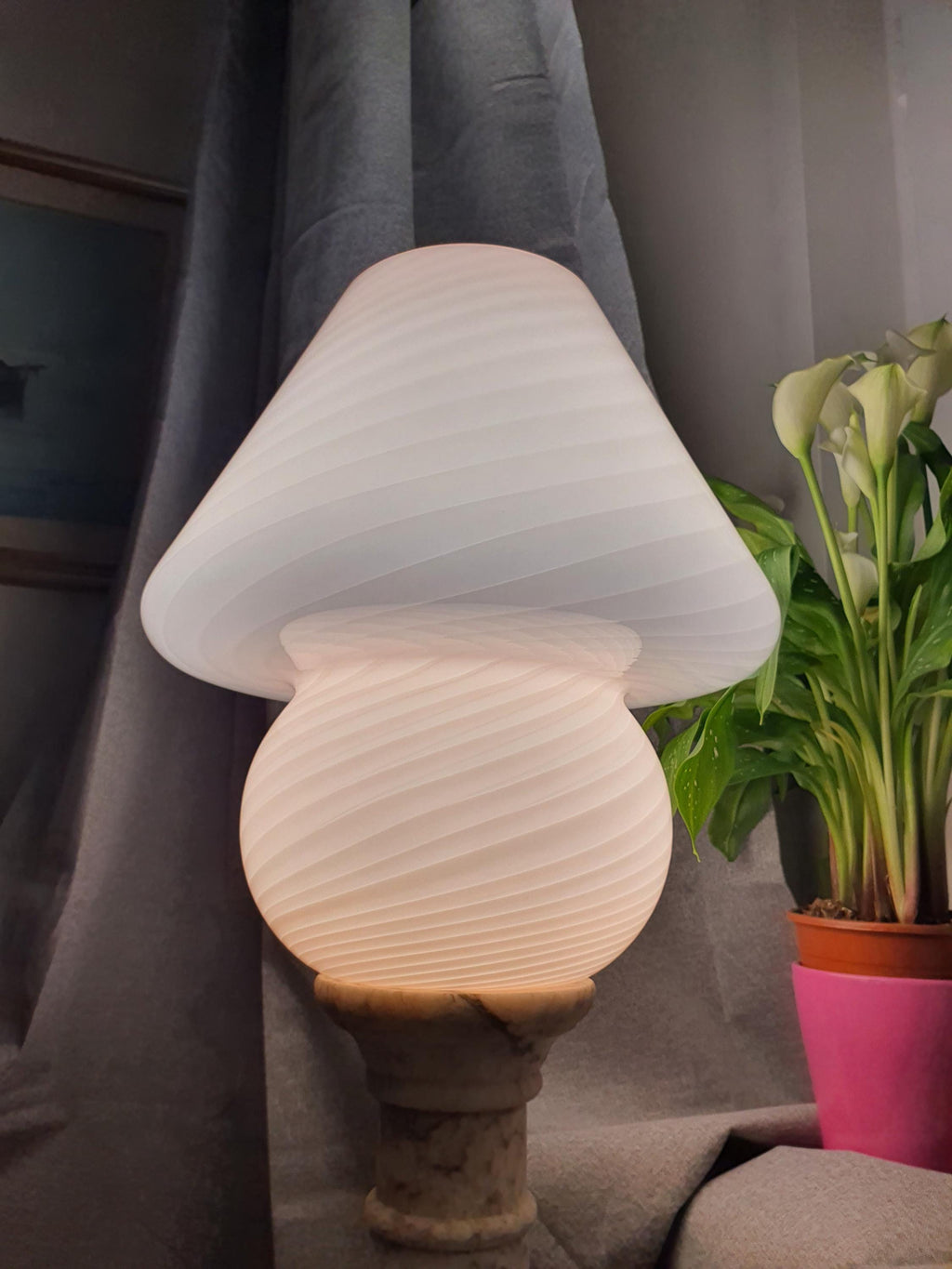 Large Murano Glass Mushroom Lamp Pink Swirl Vintage Bedside Light