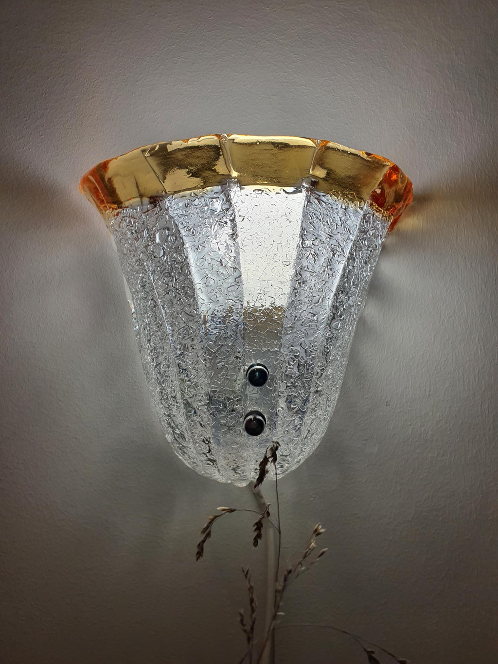 Vintage Murano Glass Floral Wall Sconce: Frosted Clear & Yellow, Italian Lighting