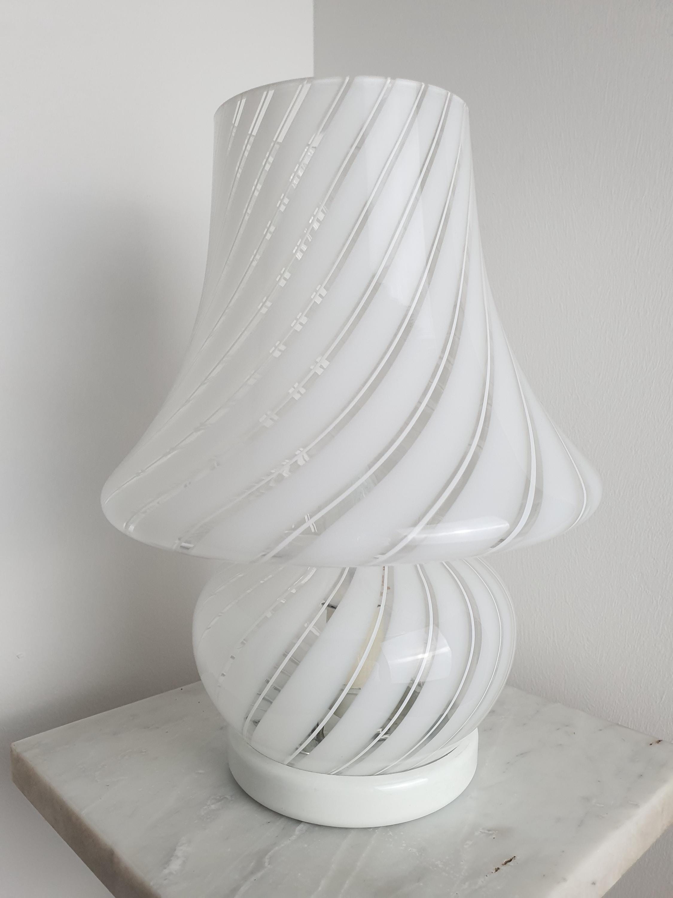 Vintage Murano Glass Mushroom Lamp: White Swirl, 1970s Italian Lighting