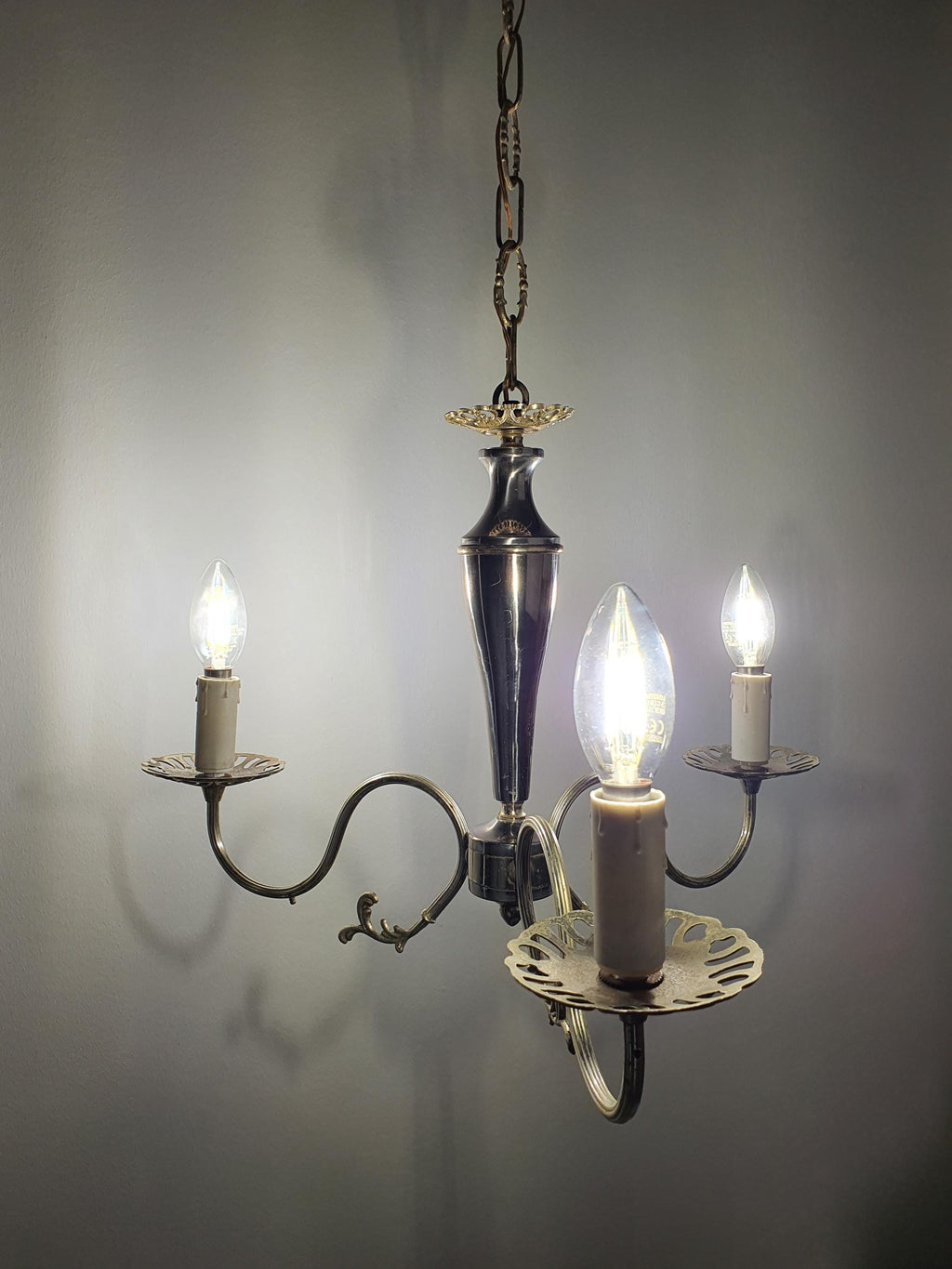 Vintage Italian 3-Arm Candle Chandelier – Silver-Tone, Victorian Style, 1950s
