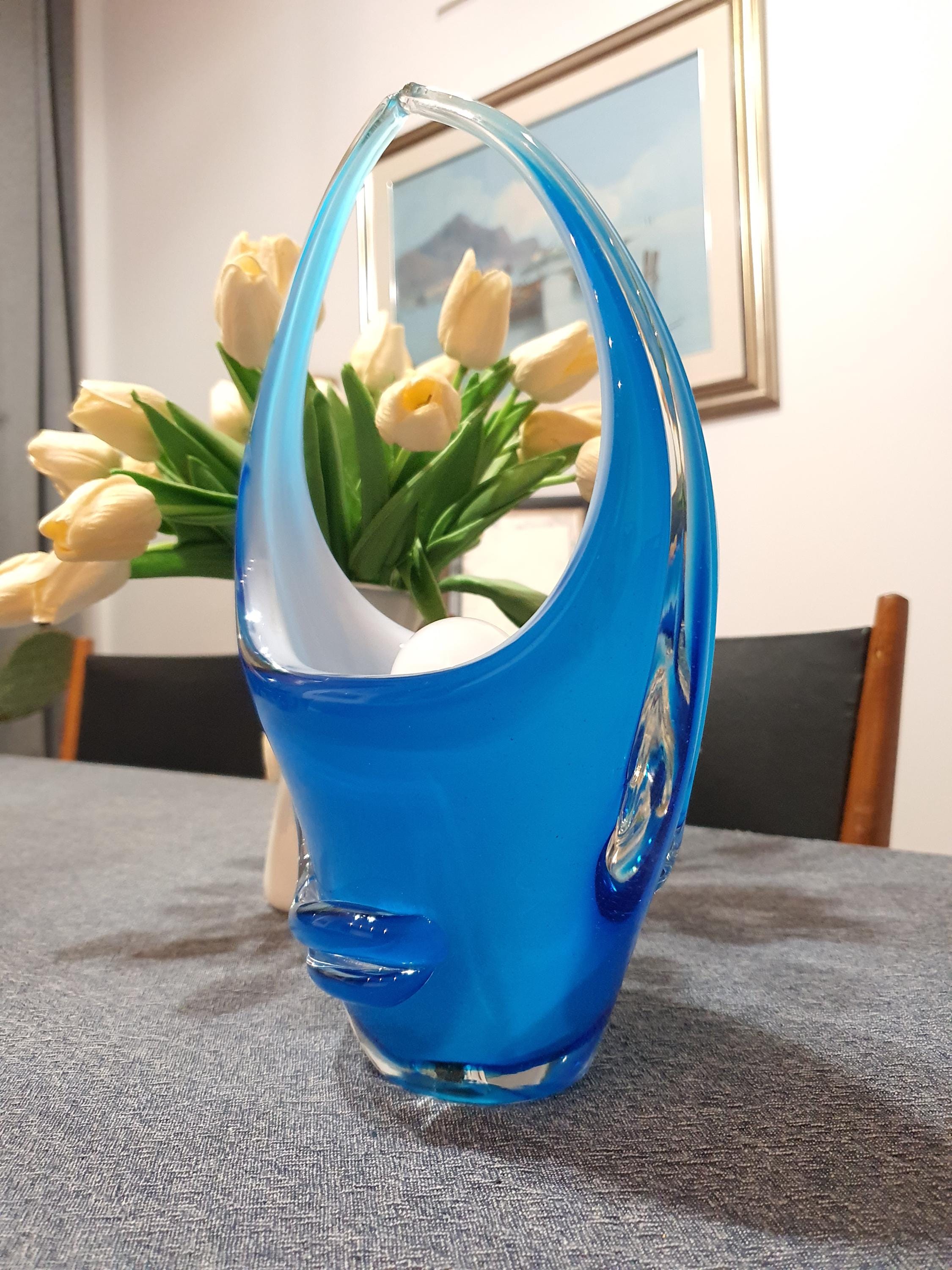 Blue Murano Glass Table Lamp: Italian Vintage Art Deco Bedside Light