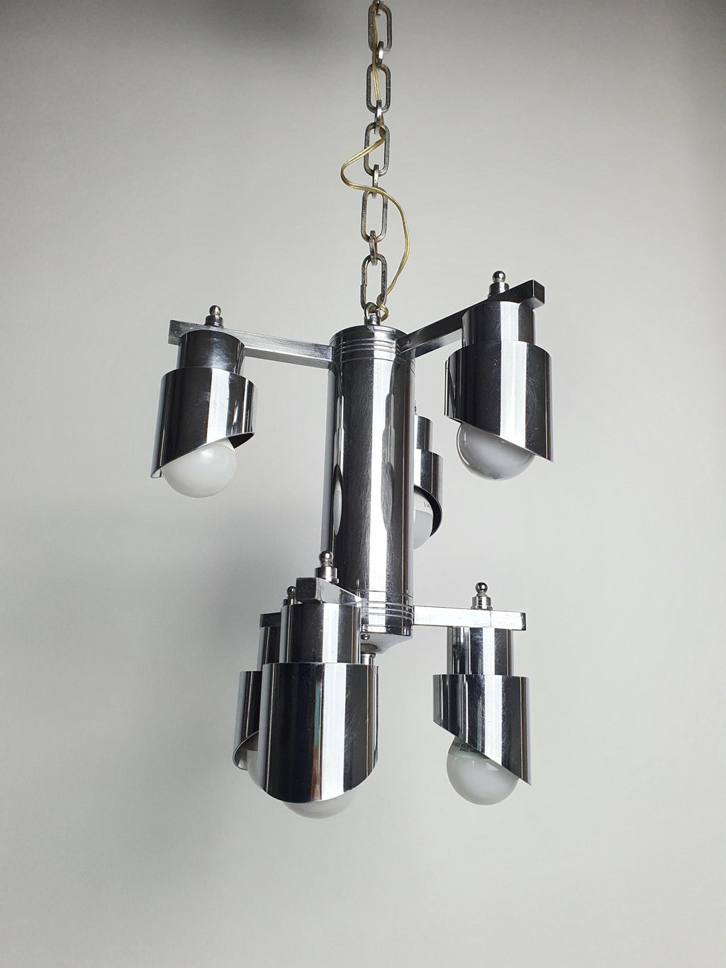 Space Age 6-Arm Small Chandelier | Chrome | Attr. Gaetano Sciolari | Mid-Century Modern Lighting