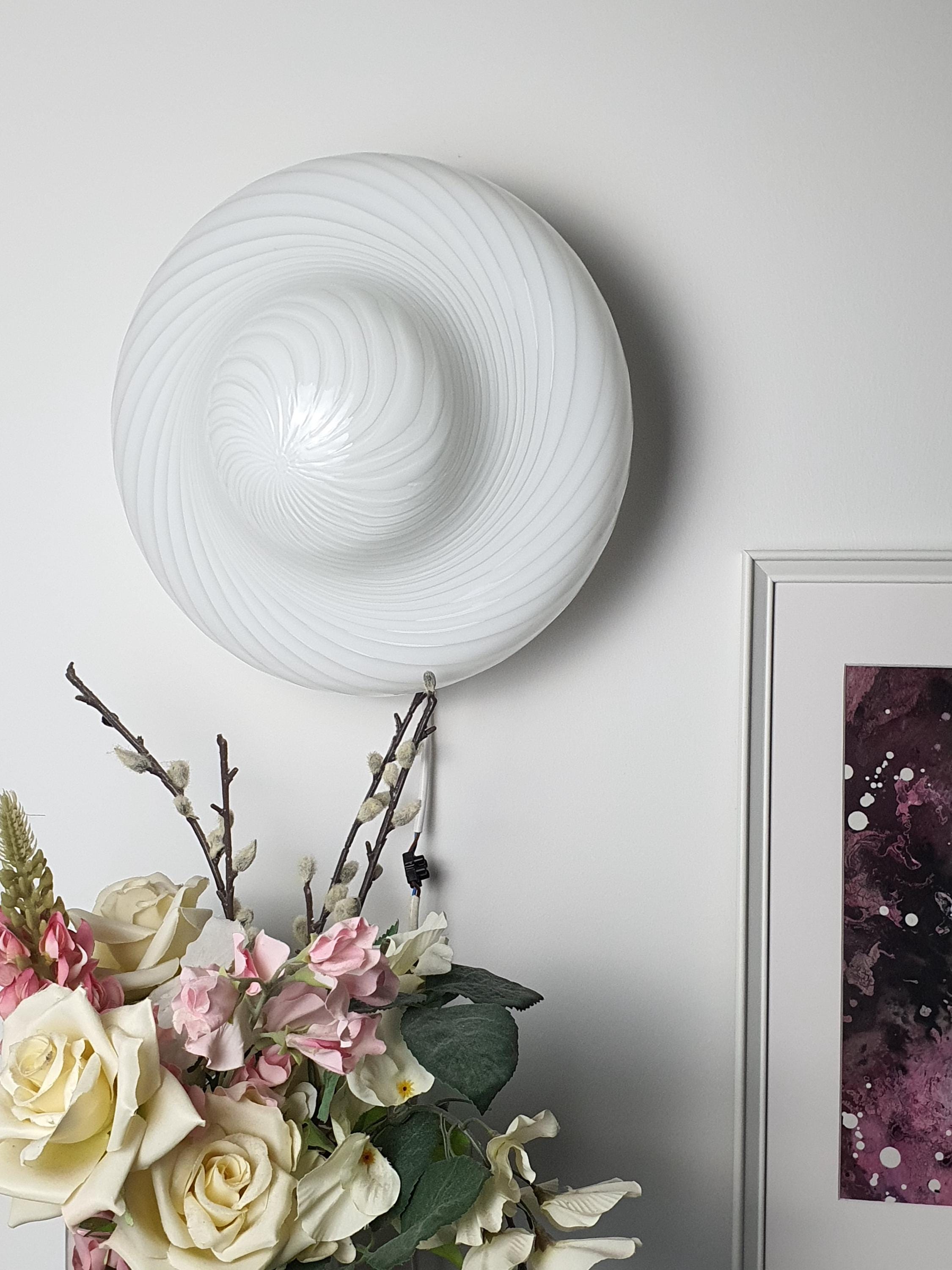 Vintage Murano Glass Flush Mount Light: Handcrafted White Swirl, MCM Scandinavian Decor