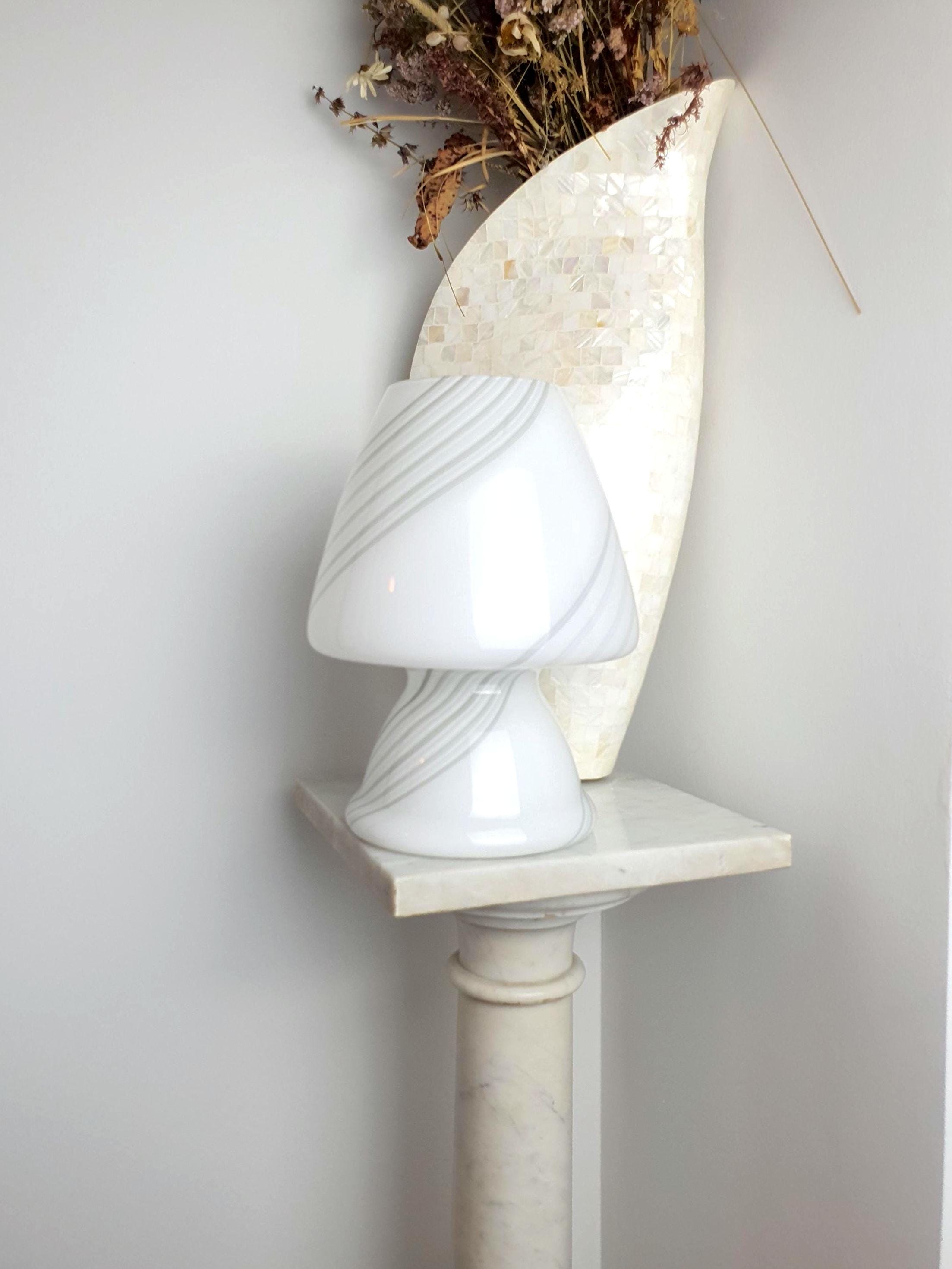 Murano Glass Mushroom Lamp: White & Grey Swirl, MCM Bedside Light