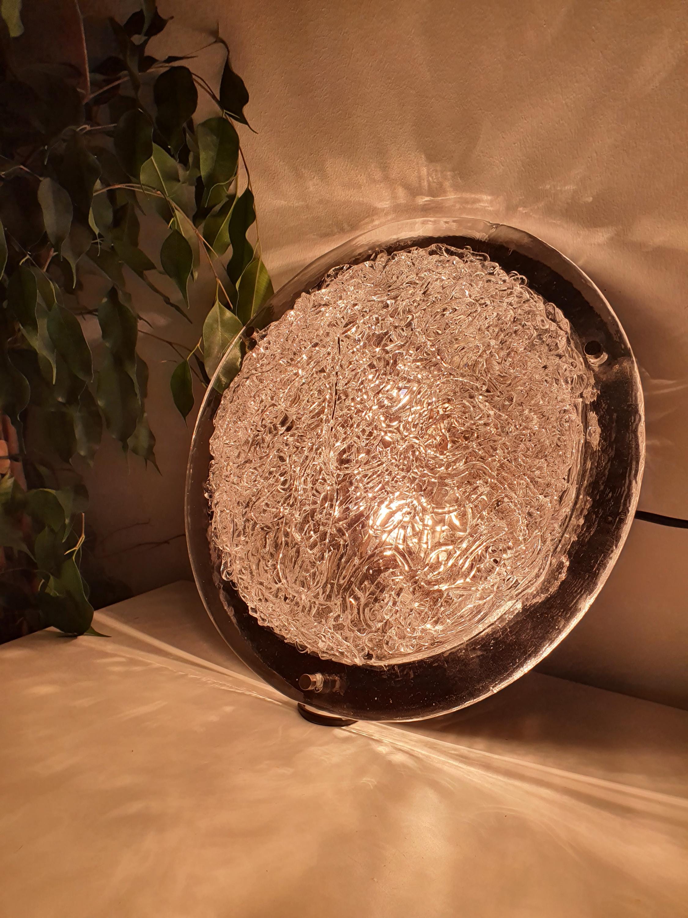 Vintage Clear Murano Glass Flush Mount Light | Chrome Base | Italian Mid-Century Fixture