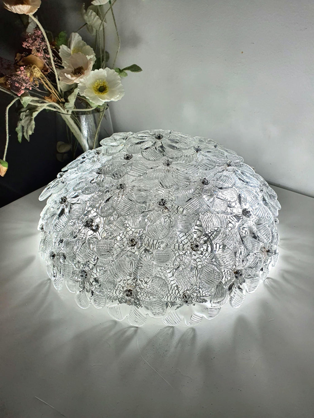 Seguso style Murano glass millefiori dome ceiling light — clear floral glass, front view
