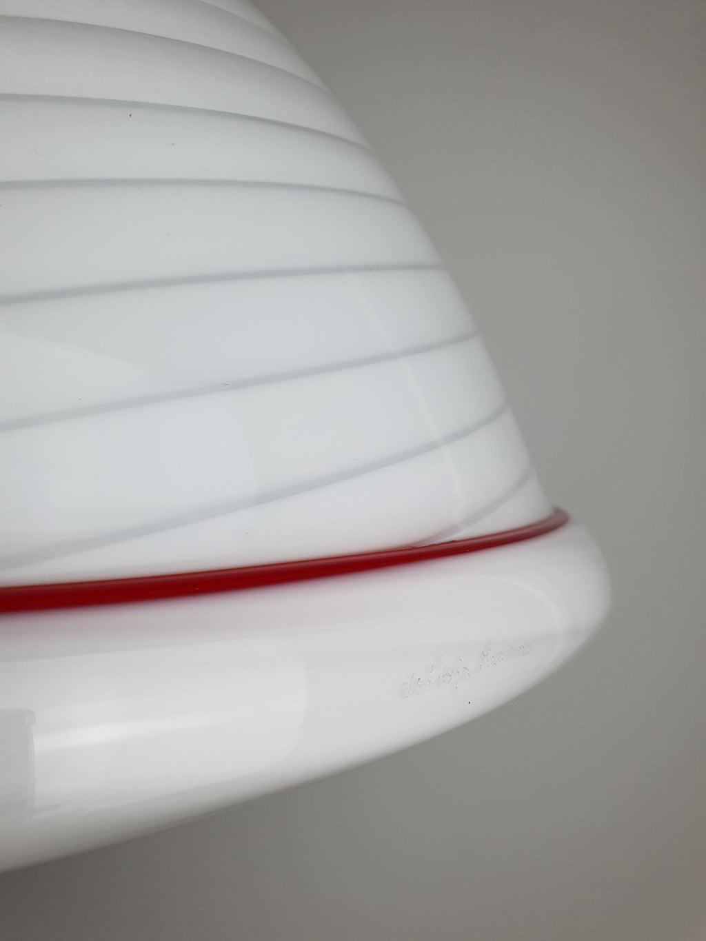 De Majo Vintage Murano Glass Pendant Light | White Swirl Bell with Red Edge