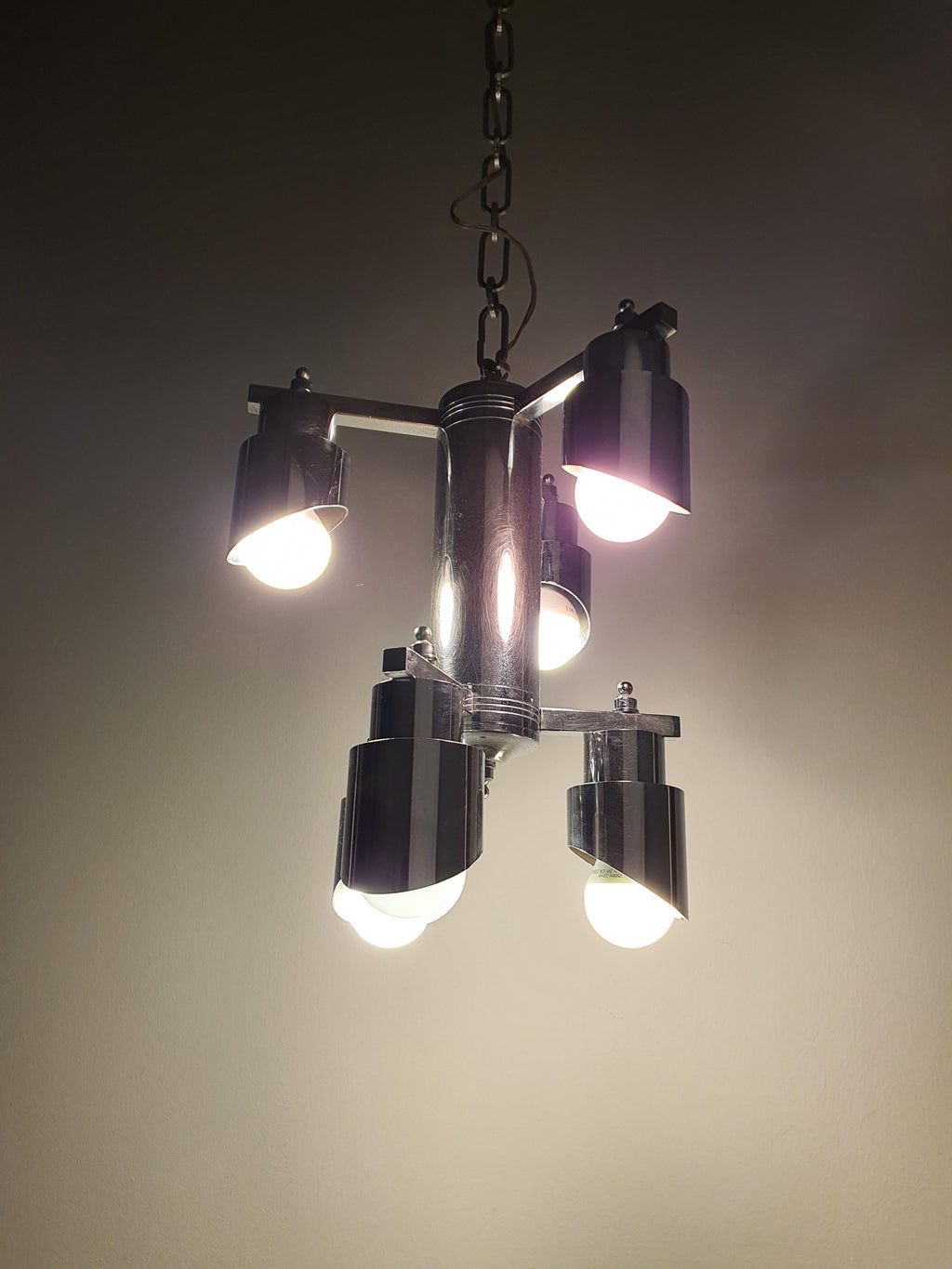 Space Age 6-Arm Small Chandelier | Chrome | Attr. Gaetano Sciolari | Mid-Century Modern Lighting