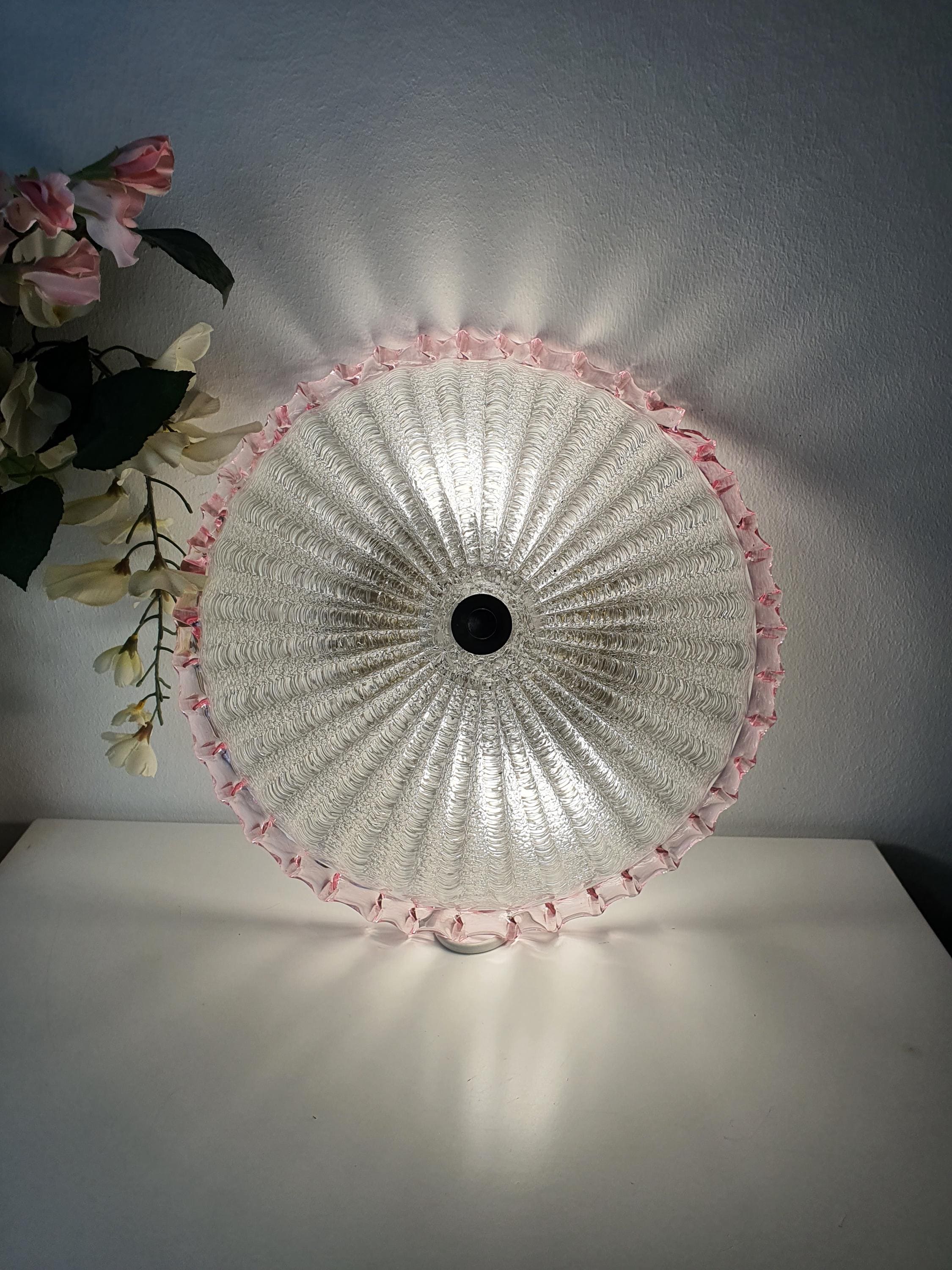 Vintage Floral Murano Glass Flush Mount – Frosted Sand Finish with Pink Edge