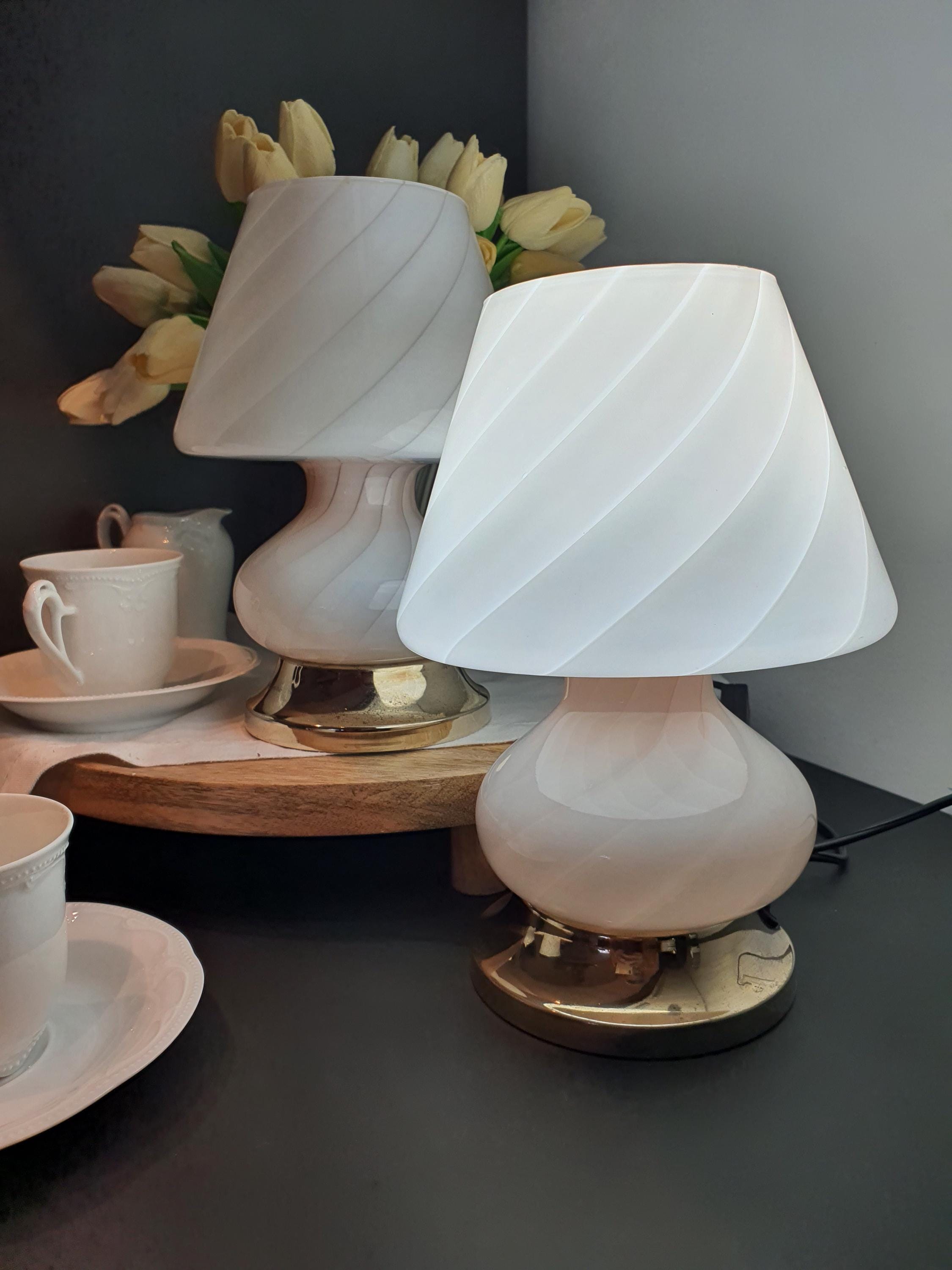 Murano Glass Mushroom Table Lamps: Pink Swirl, Mid-Century Modern