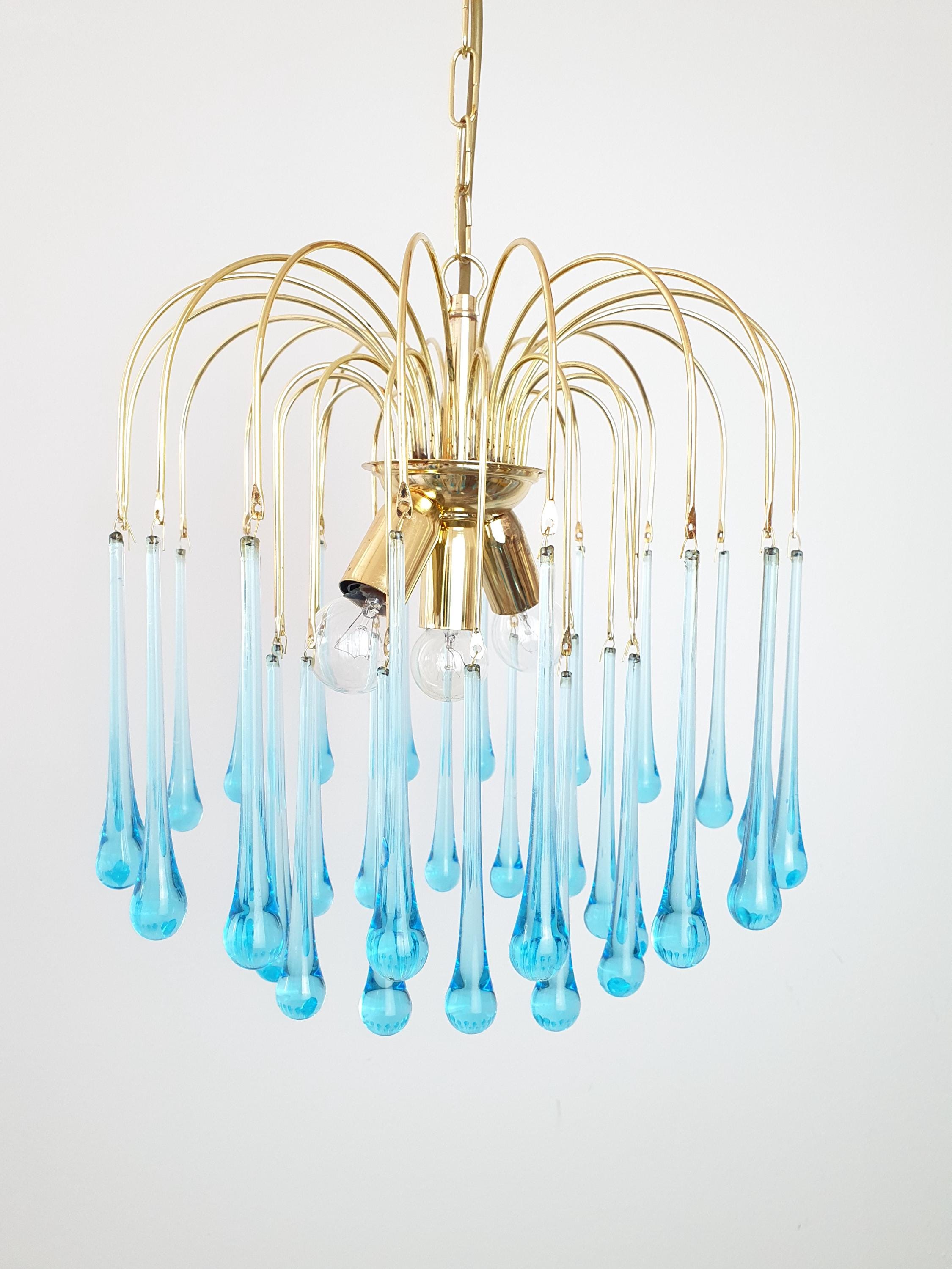 Murano Style Chandelier: Sky Blue Teardrops, Gold Cascade Light