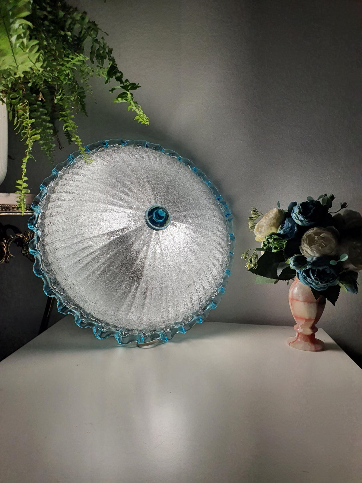 Vintage 1980s Murano floral ceiling light with Graniglia glass and a blue border

