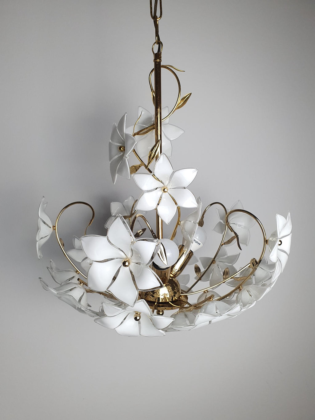 Vintage Murano Glass White Floral Chandelier | Hollywood Regency Dining Lighting