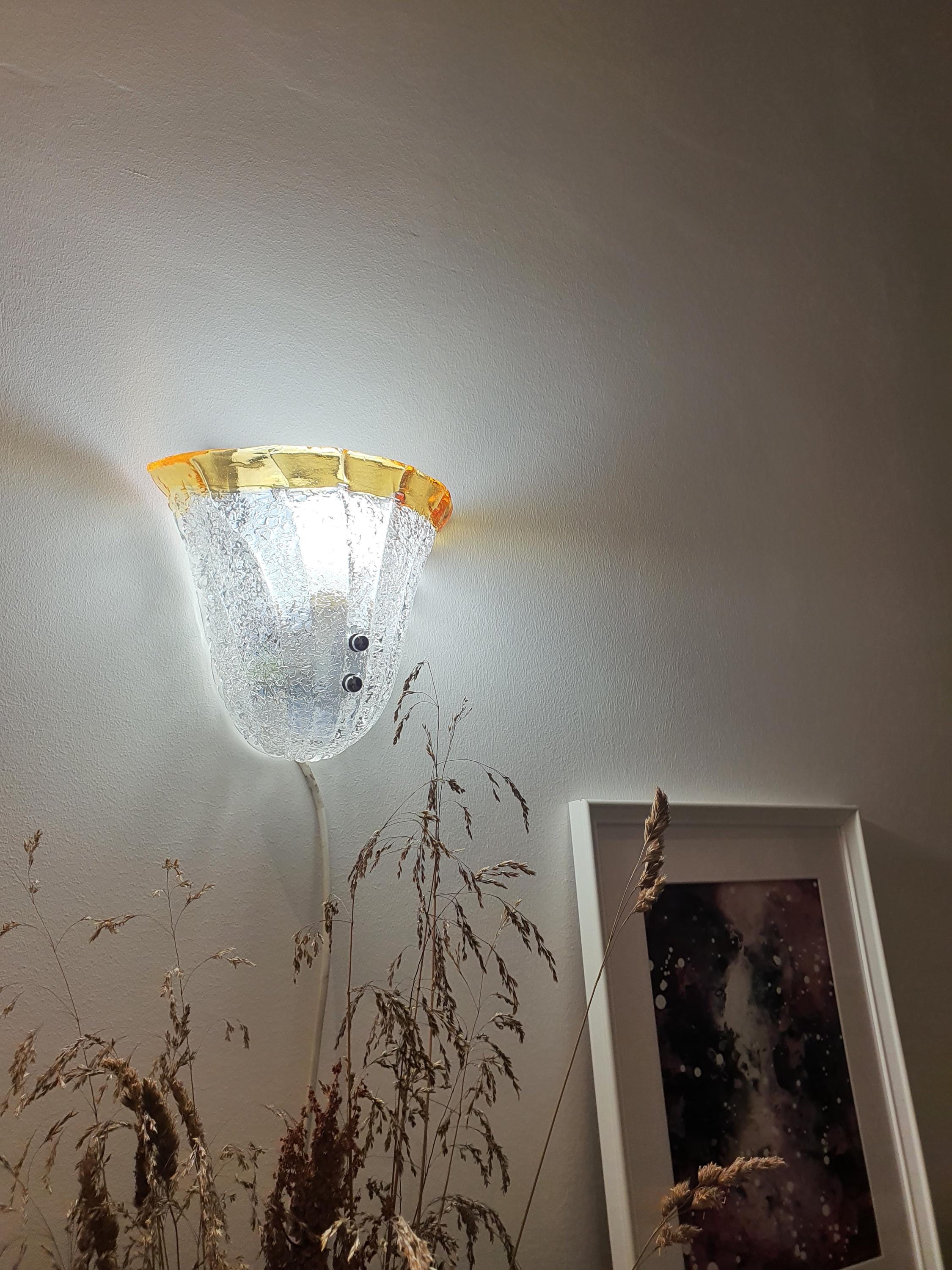 Vintage Murano Glass Floral Wall Sconce: Frosted Clear & Yellow, Italian Lighting