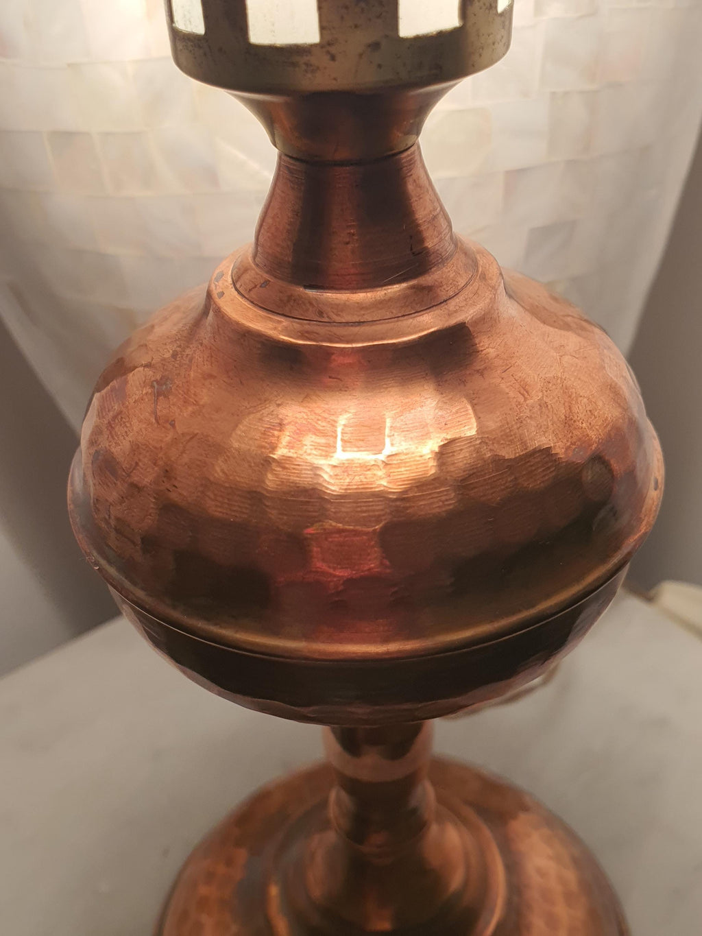 Vintage 1950s Italian copper oil lamp side profile, showing 9cm slender width, frosted spotted glass shade and copper body