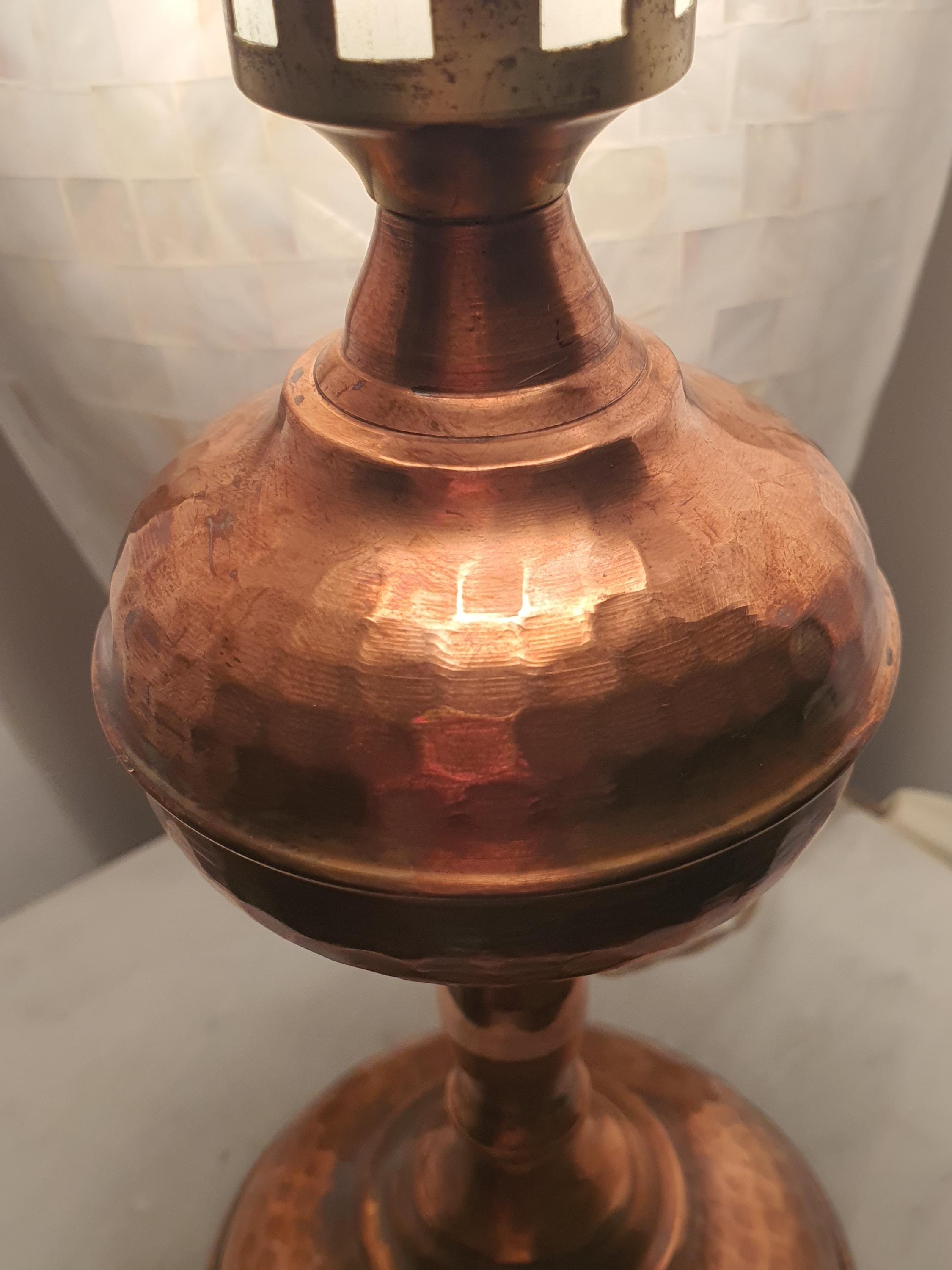 Vintage 1950s Italian copper oil lamp side profile, showing 9cm slender width, frosted spotted glass shade and copper body