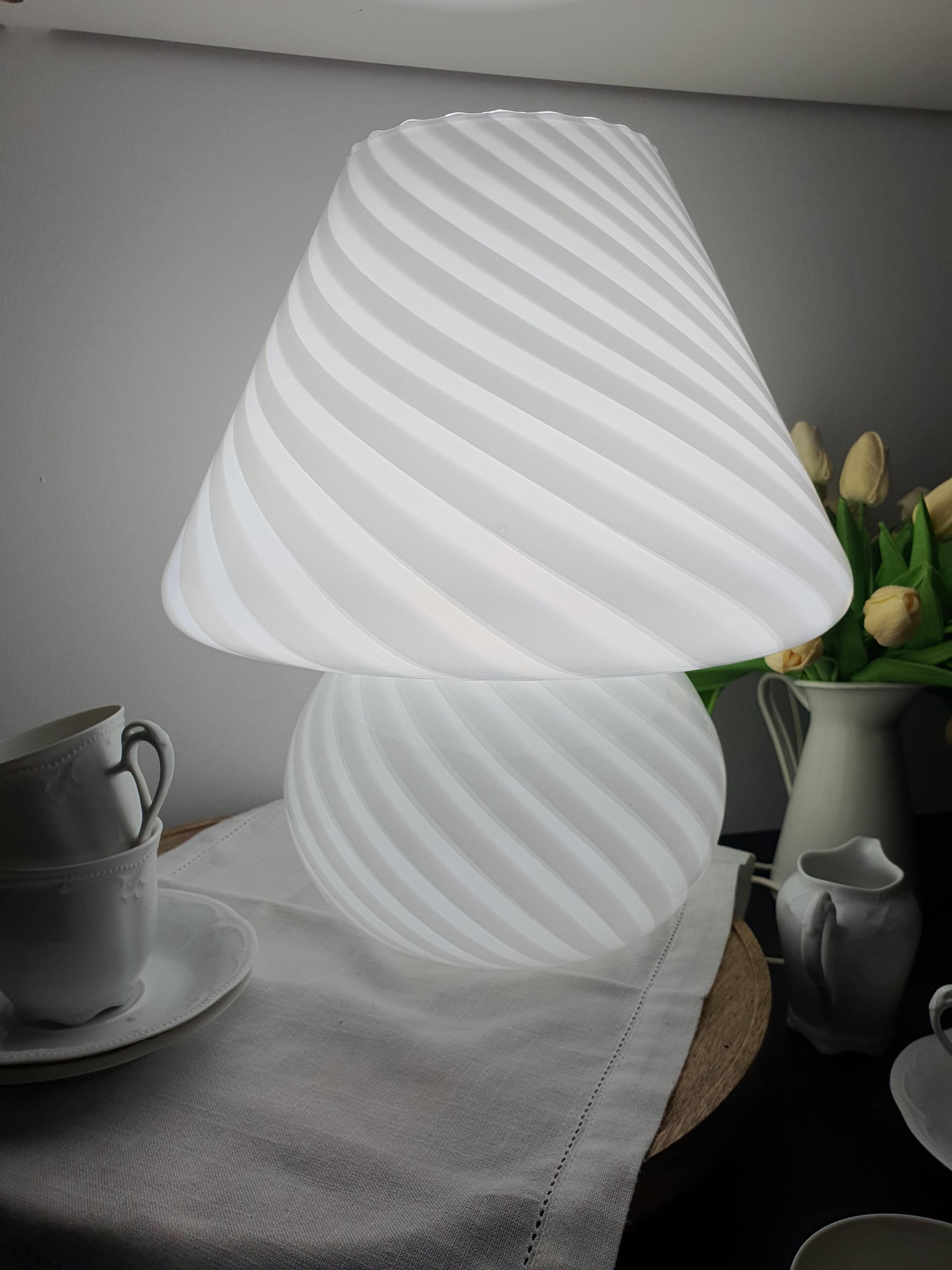 Large Murano Glass Mushroom Table Lamp 1970s White Swirl Bedside Light