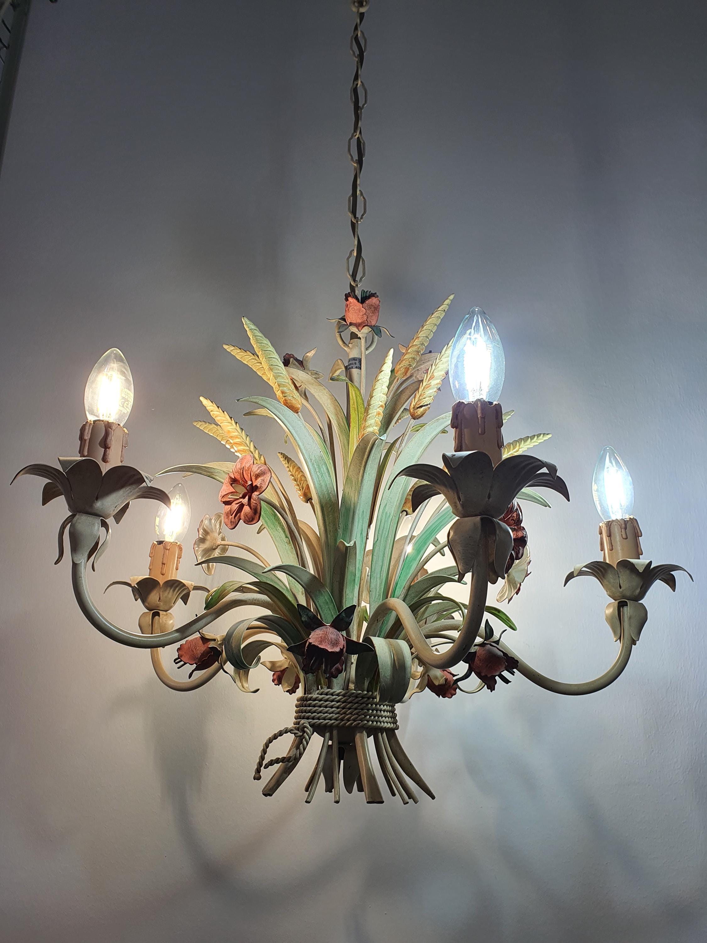 Italian flower bouquet chandelier — 5 light points illuminated, warm ambient glow