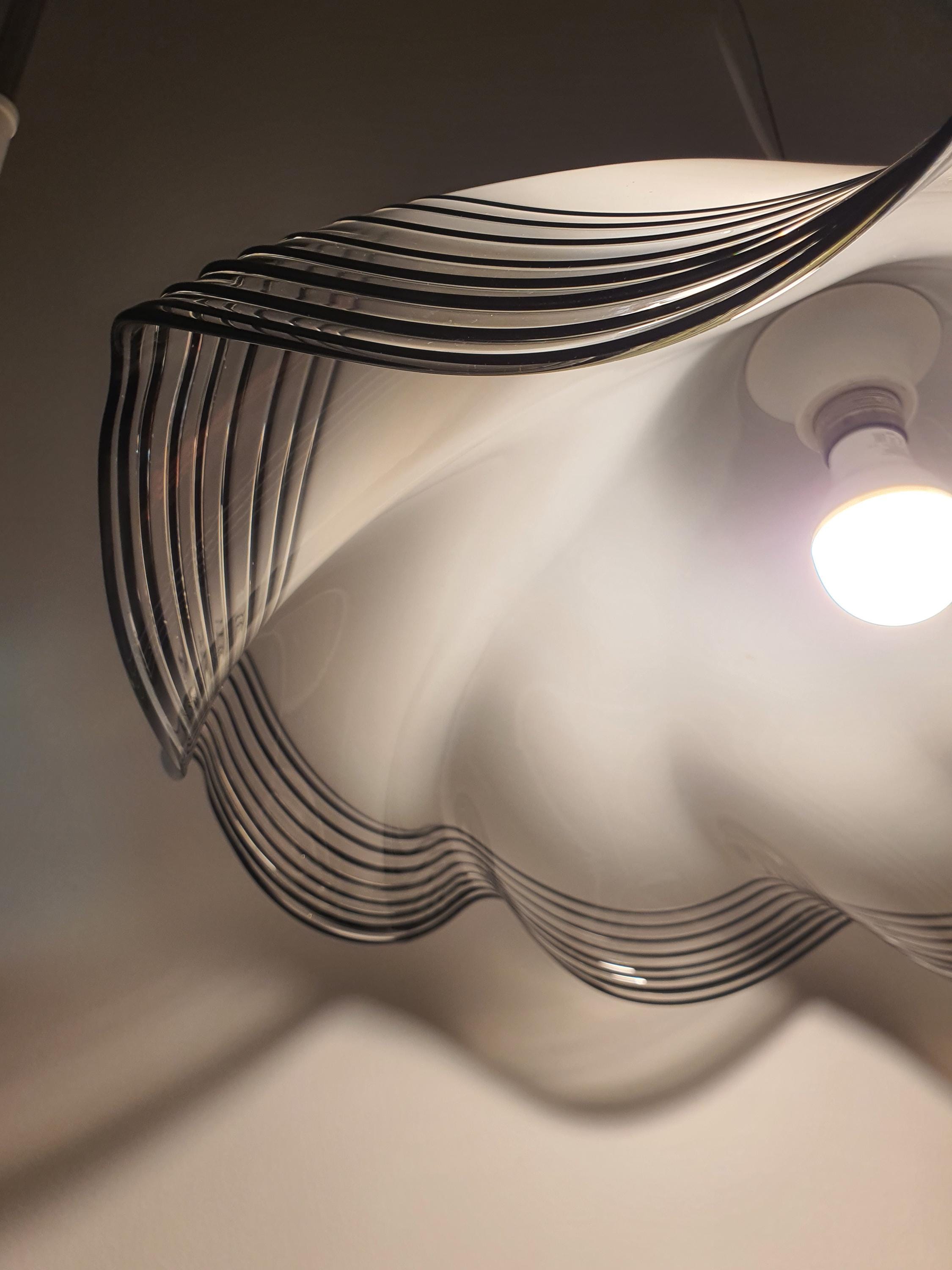 Vintage Murano Glass Pendant Light: Handkerchief Style, Black Stripe Edge