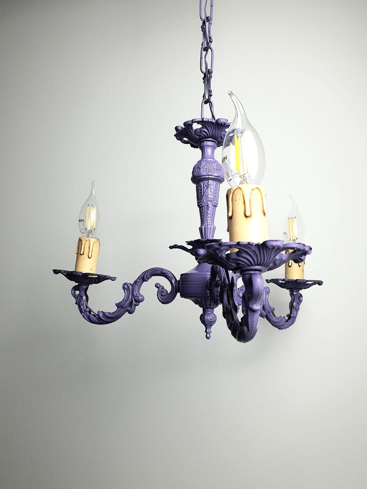 Vintage Italian three-arm chandelier with a purple painted finish
