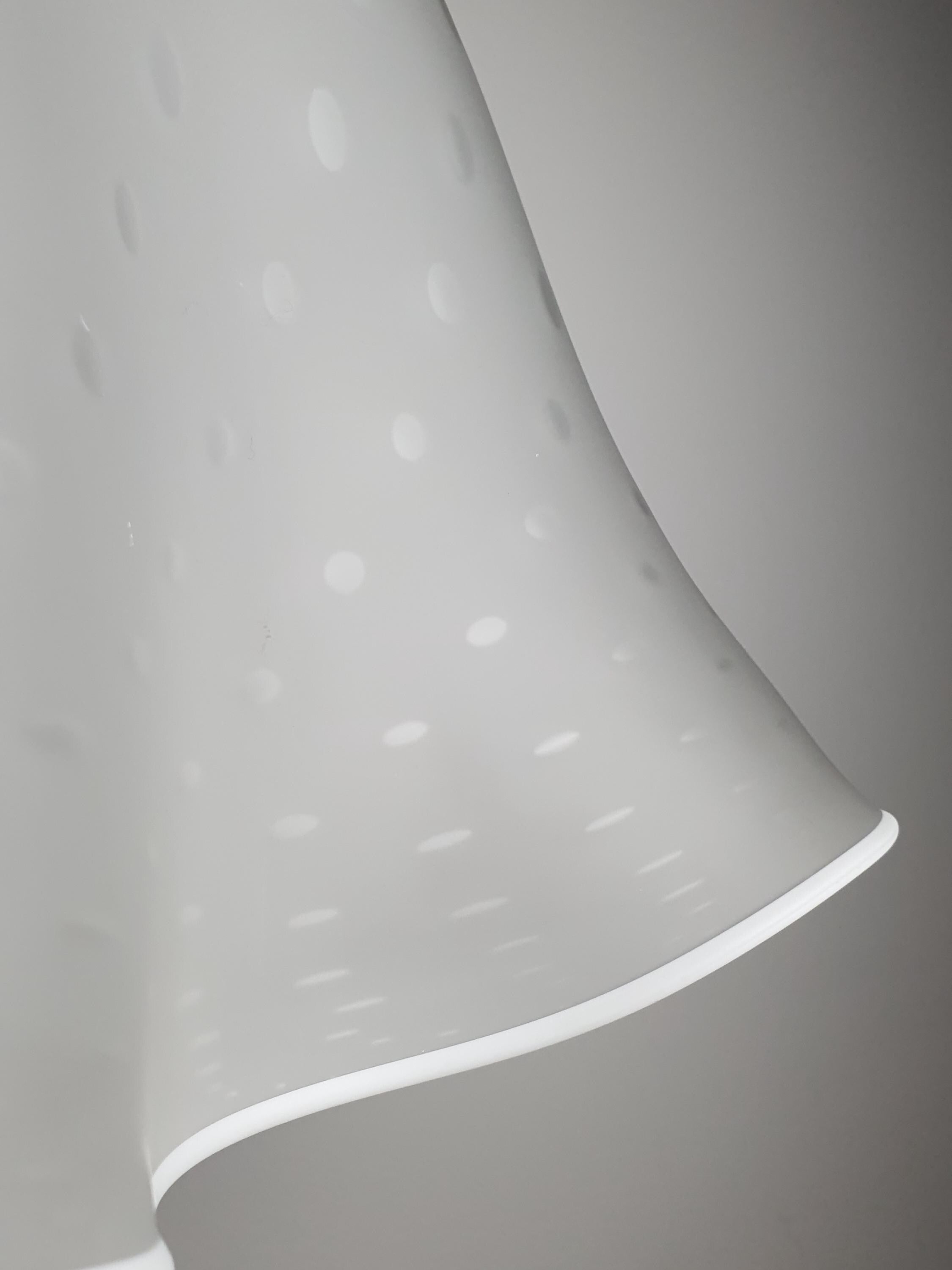 Murano glass Fazzoletto floral pendant front view, satin white with trapped bubble texture, ruffled edges