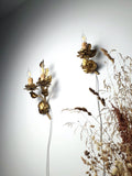 Set of two vintage Italian floral tole wall sconces in bronze and gold tones
