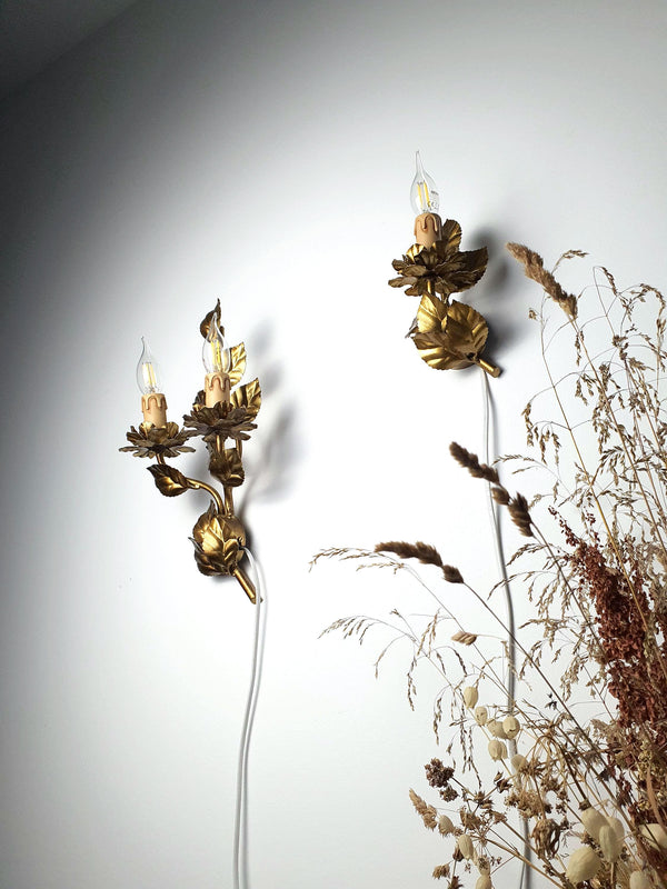Set of 2 Vintage Italian Floral Tole Wall Sconces – Bronze and Gold Tones, Asymmetrical Botanical Design, Hollywood Regency Bohemian