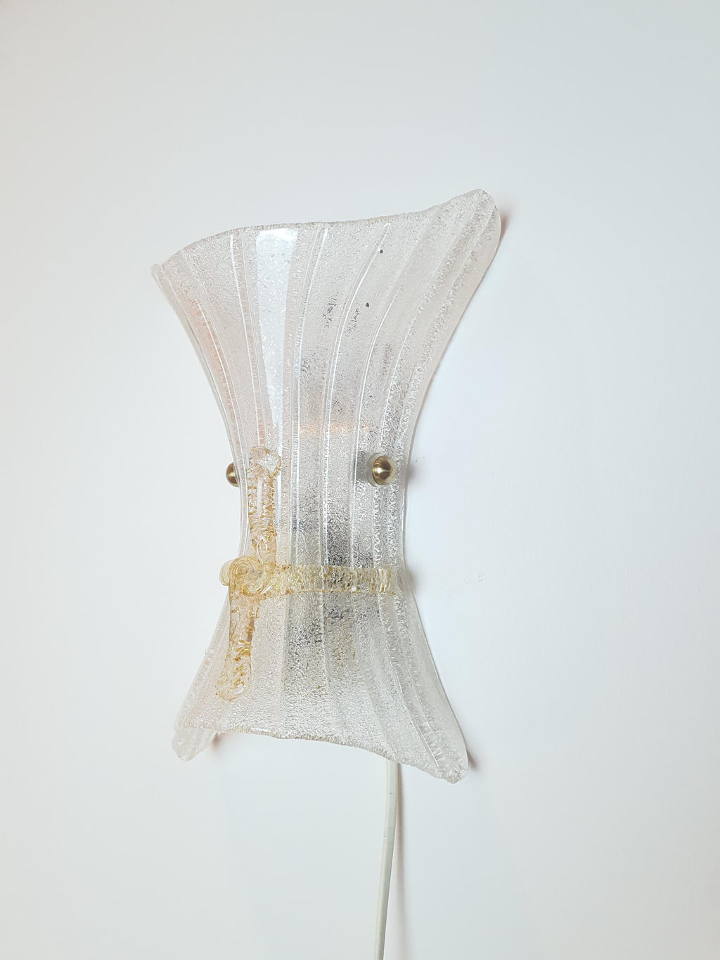 Vintage Murano Frosted Glass Wall Sconce: Venetian Shell Light with Yellow Bow