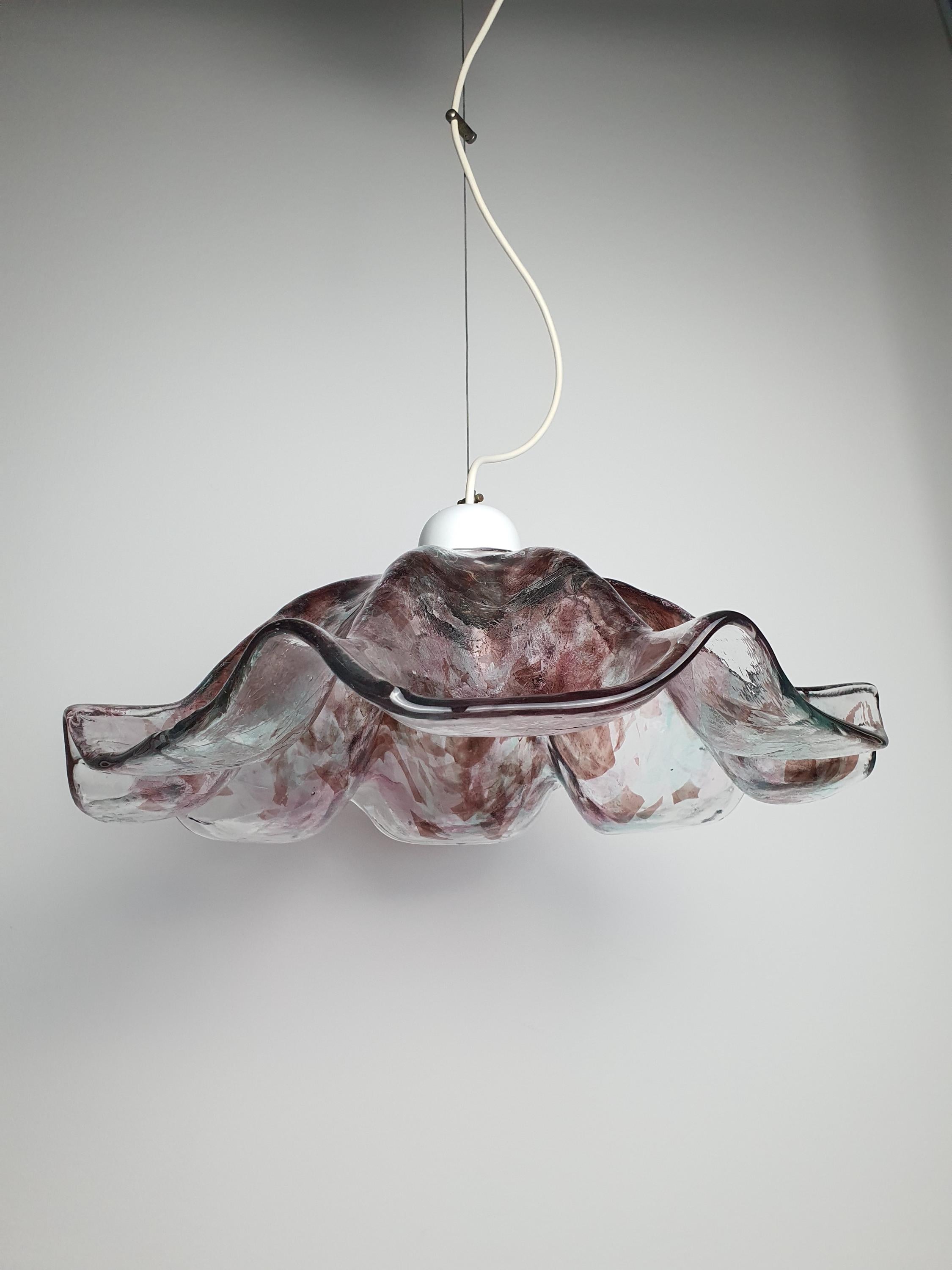 Vintage Colorful Murano Glass Pendant Light | Organic Tulip Shape with Green & Purple Accents