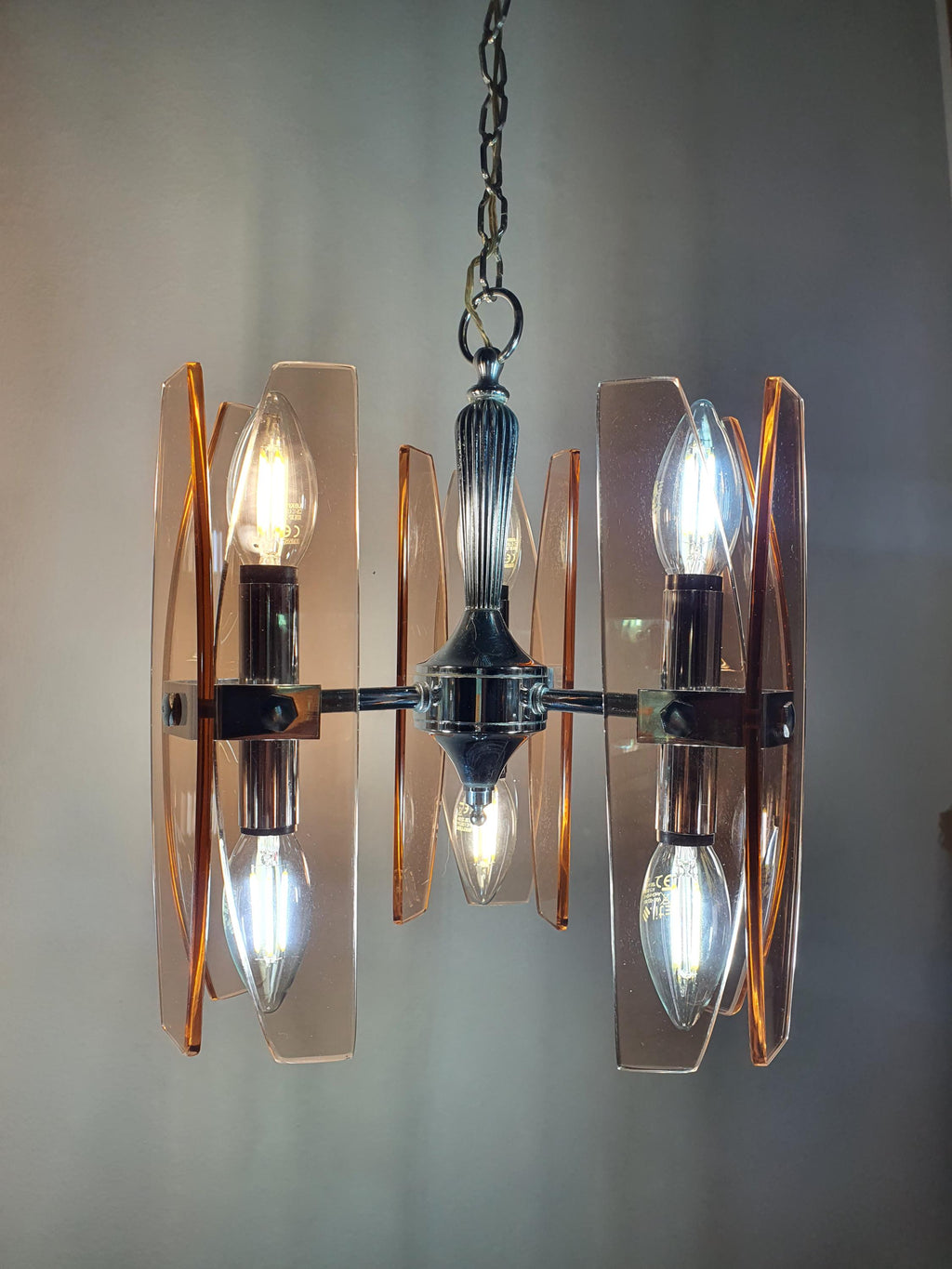 Veca vintage Italian chandelier — full view, pink glass and chrome midcentury design