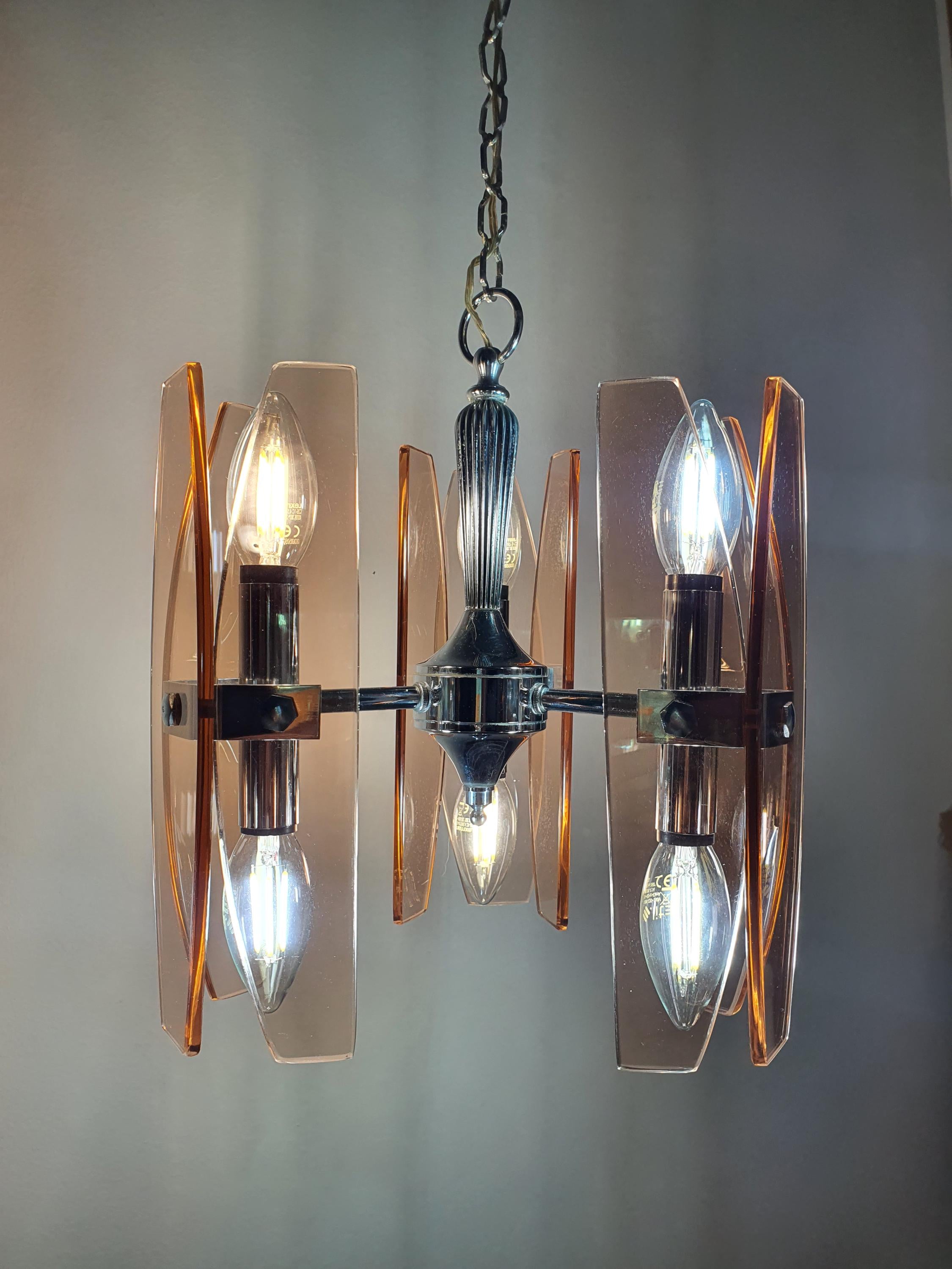 Veca vintage Italian chandelier — full view, pink glass and chrome midcentury design