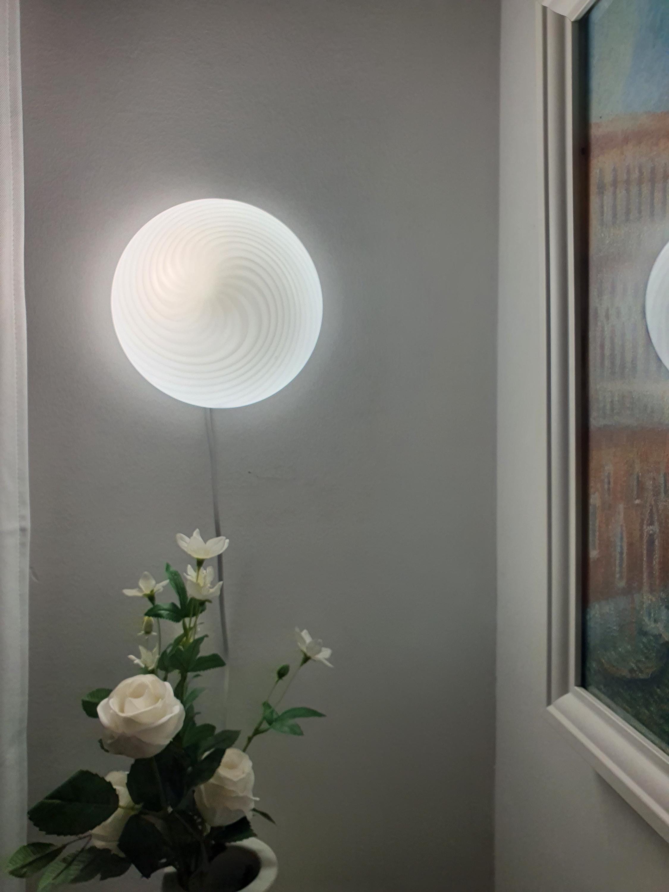 Small Murano glass flush mount light with filigrana white swirl pattern, front view
