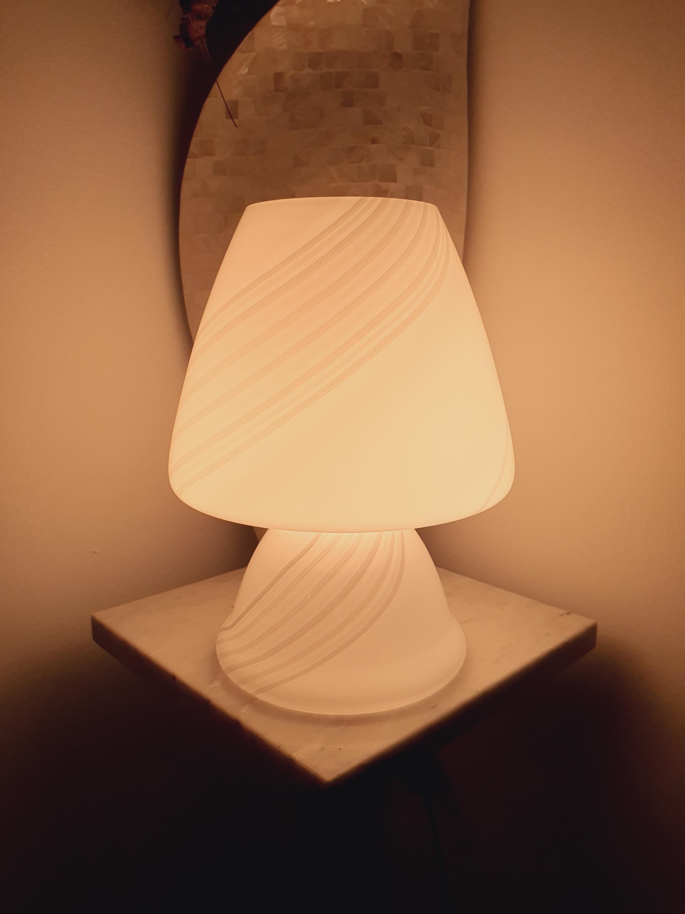 Murano Glass Mushroom Lamp: White & Grey Swirl, MCM Bedside Light