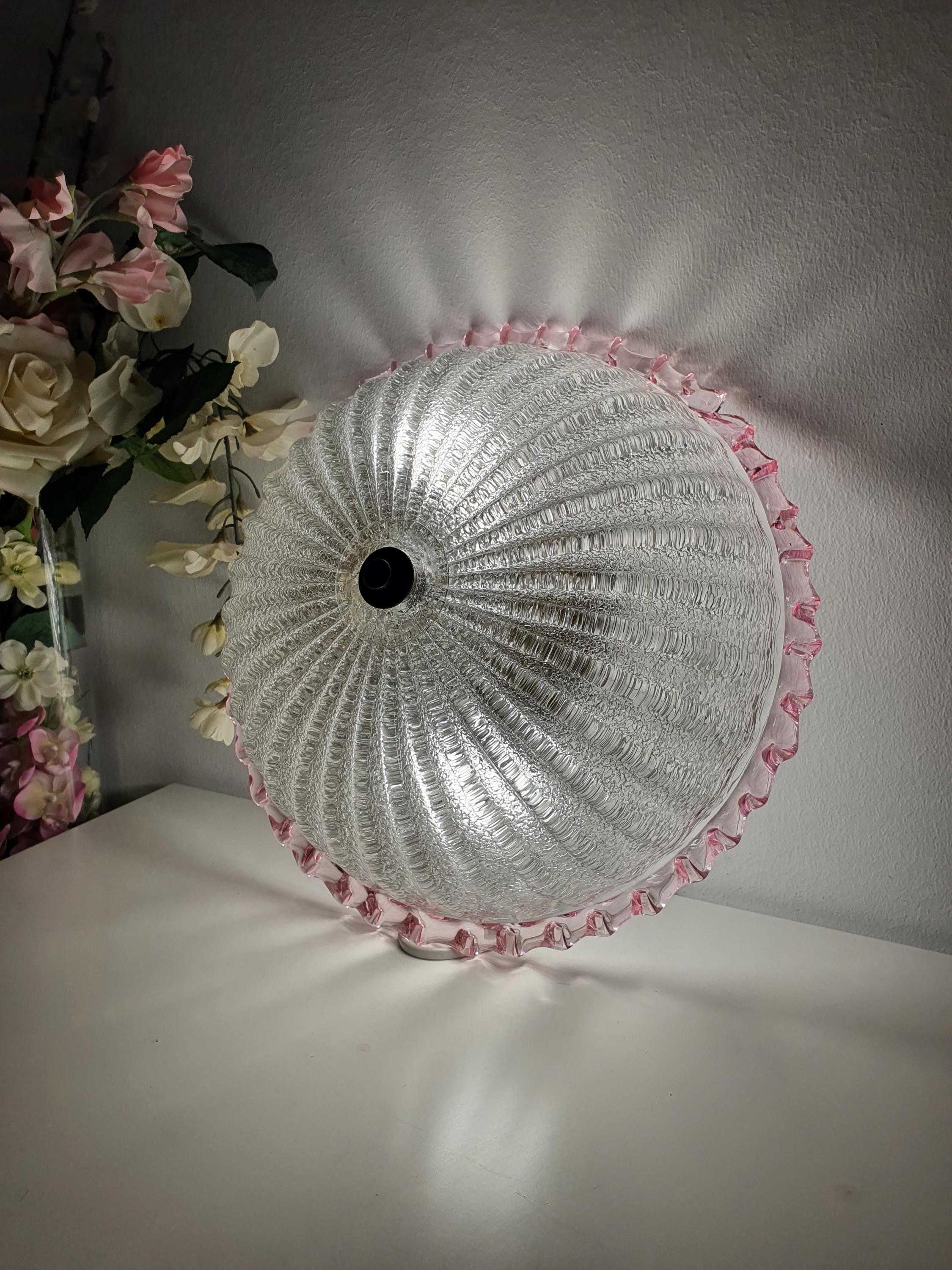 Vintage Floral Murano Glass Flush Mount – Frosted Sand Finish with Pink Edge