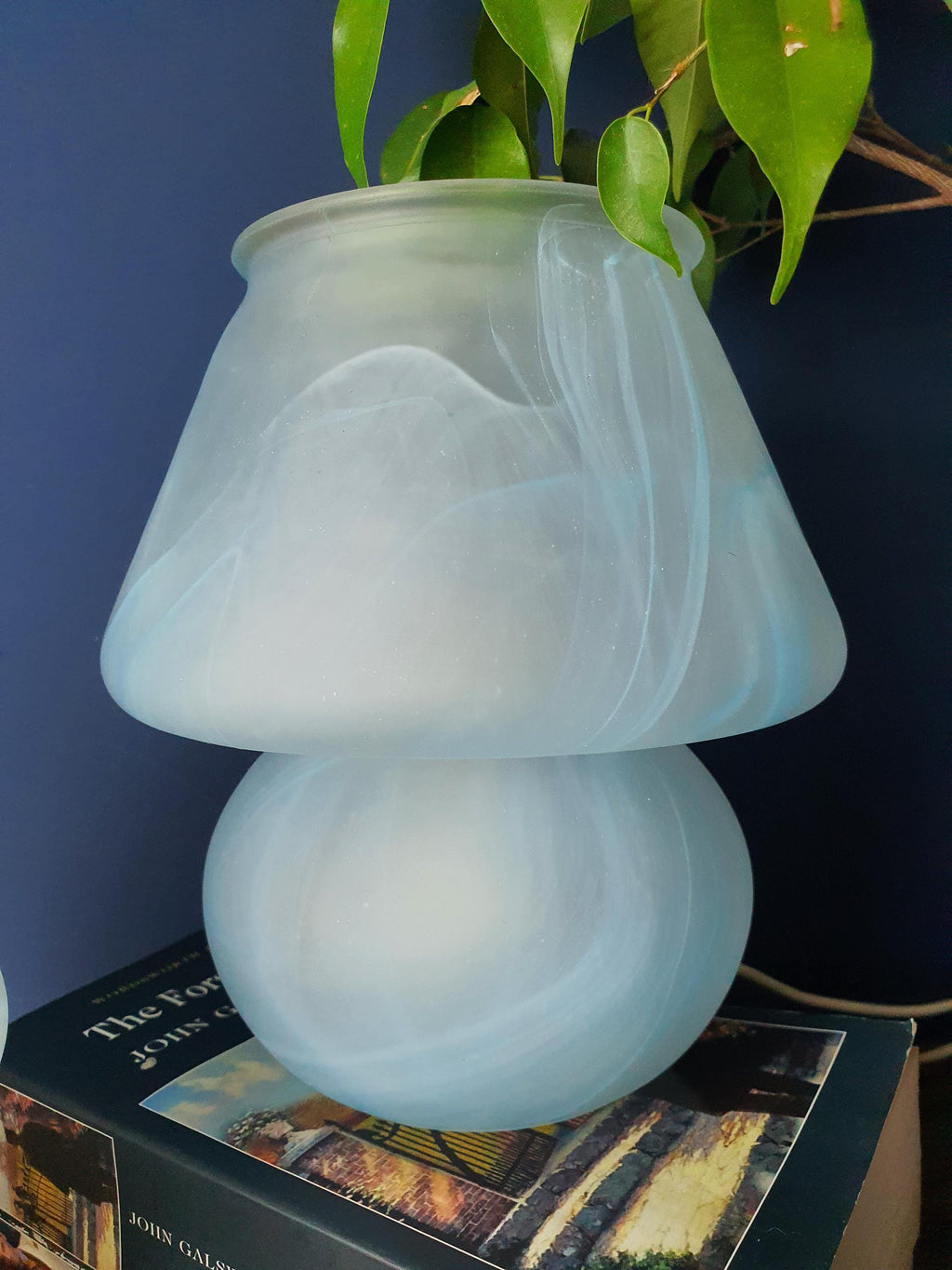 Pair of vintage Due P. Murano mushroom lamps in nursery, calming soft frosted glow, blue marbled wave, Japandi interior