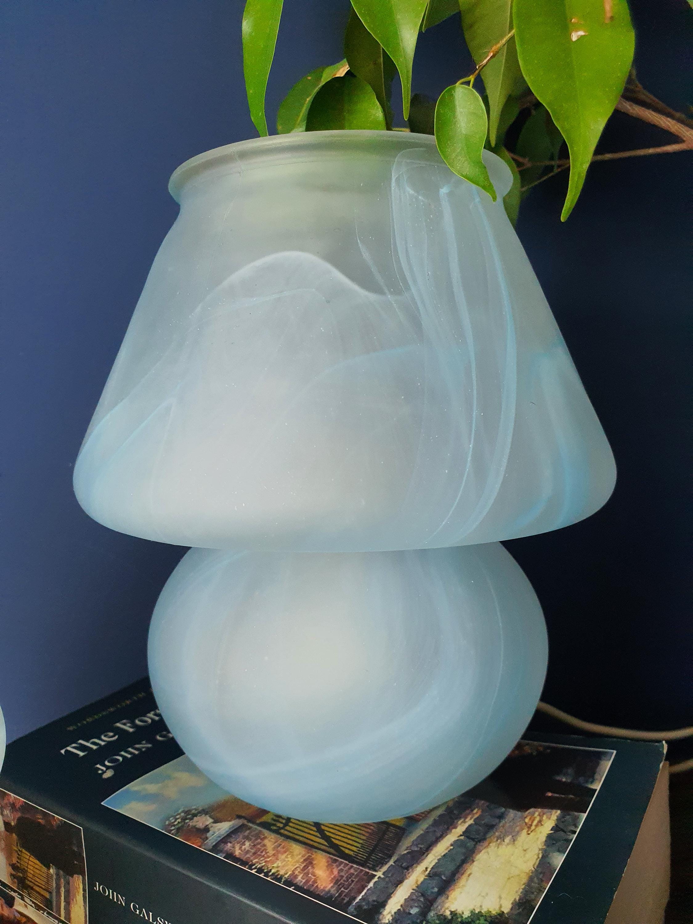 Pair of vintage Due P. Murano mushroom lamps in nursery, calming soft frosted glow, blue marbled wave, Japandi interior