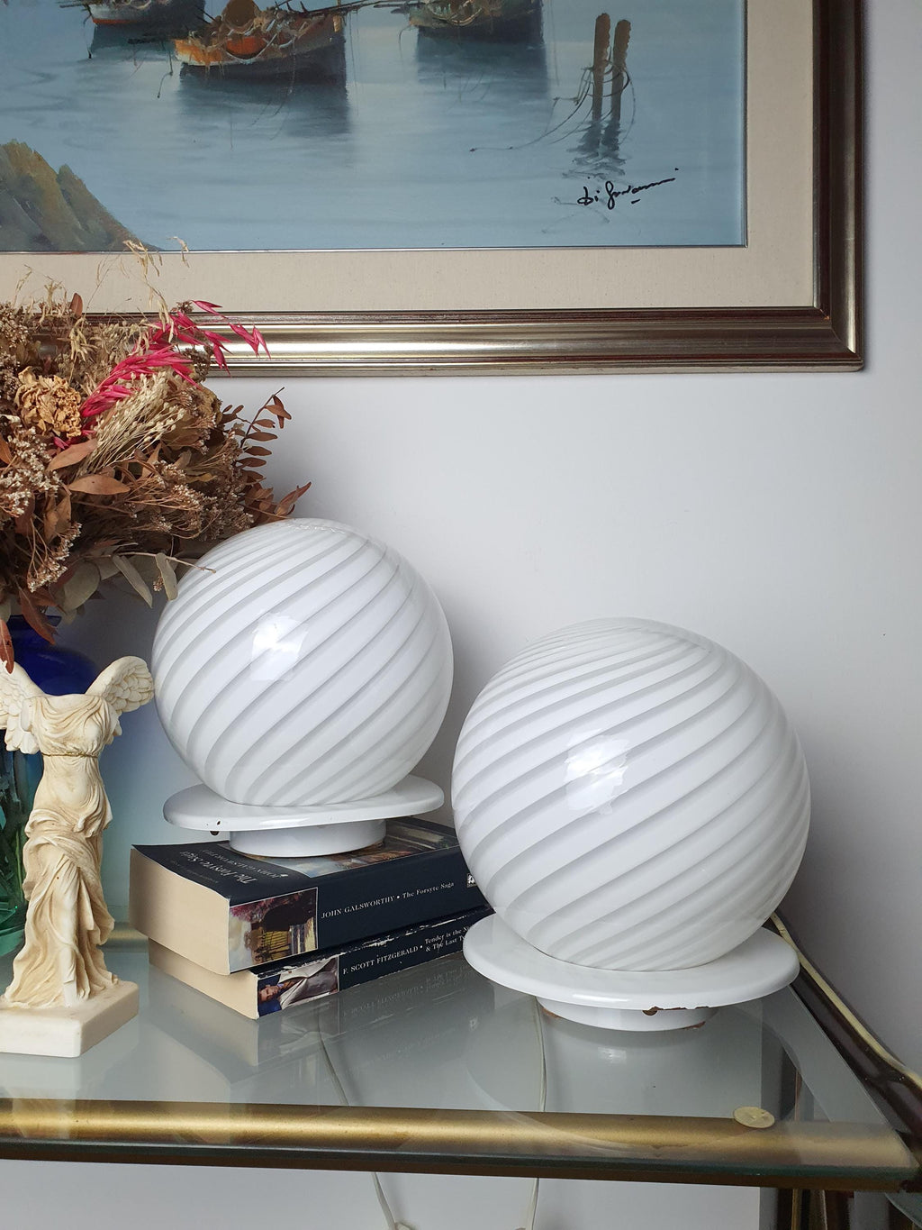 Murano Glass Table Lamps: White Swirl Globe, Mid-Century Modern, Italian Vintage Pair